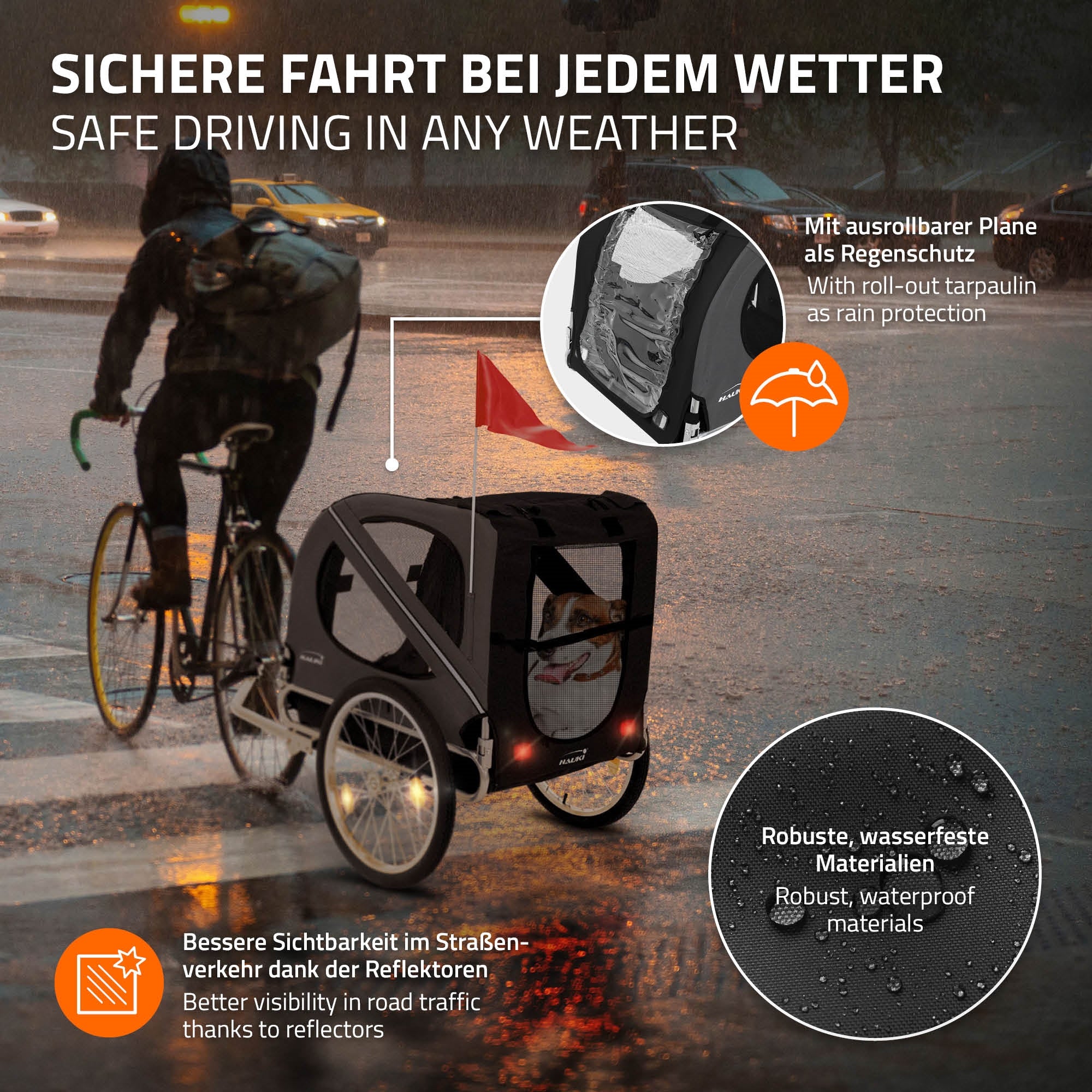 Hauki remorque vélo chien noir/gris 40 kg pliable