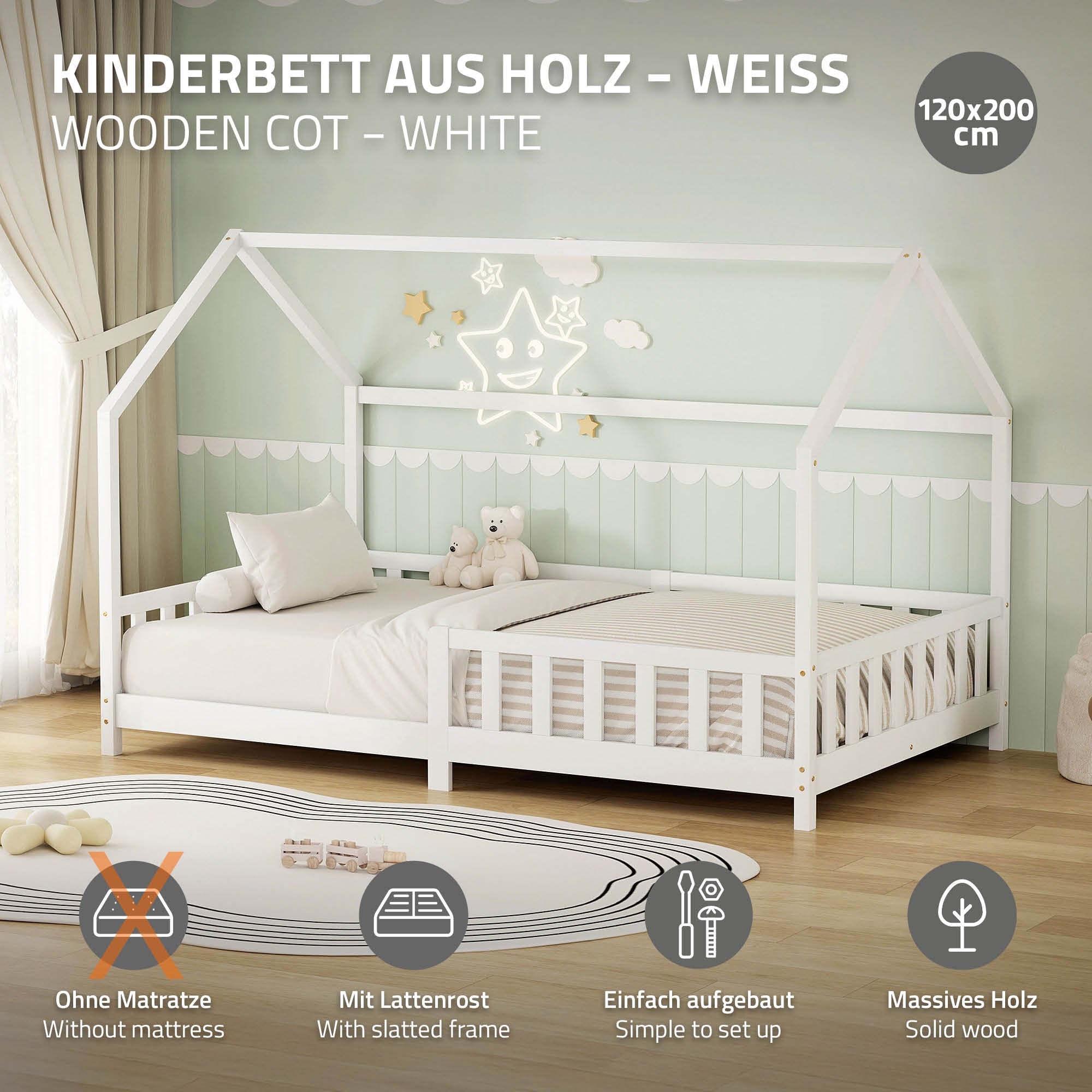 ECD Germany Kinder lit cabane enfant pin blanc 120x200 + sommier