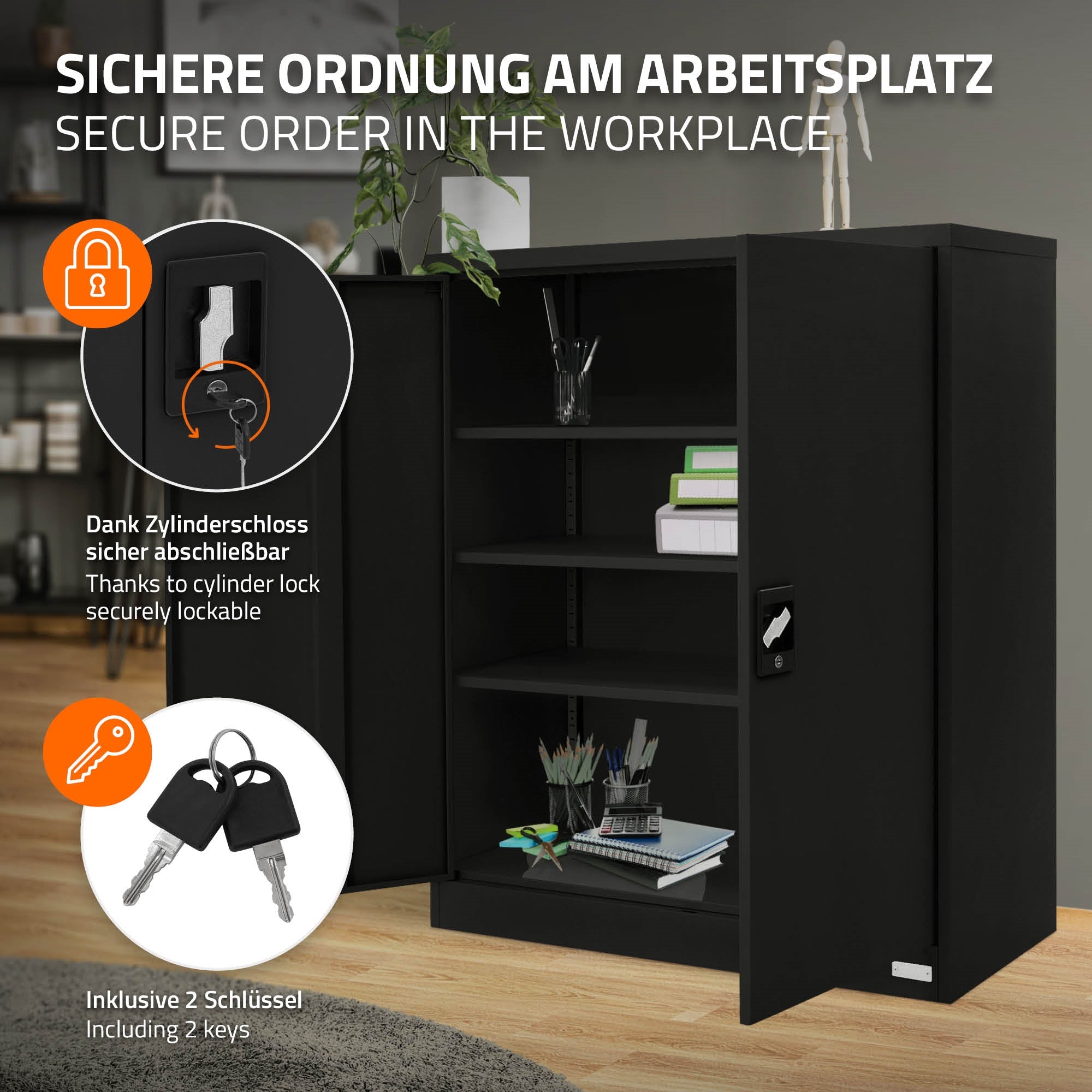 ECD Germany Armoire bureau 90x40x109 noire acier à clé