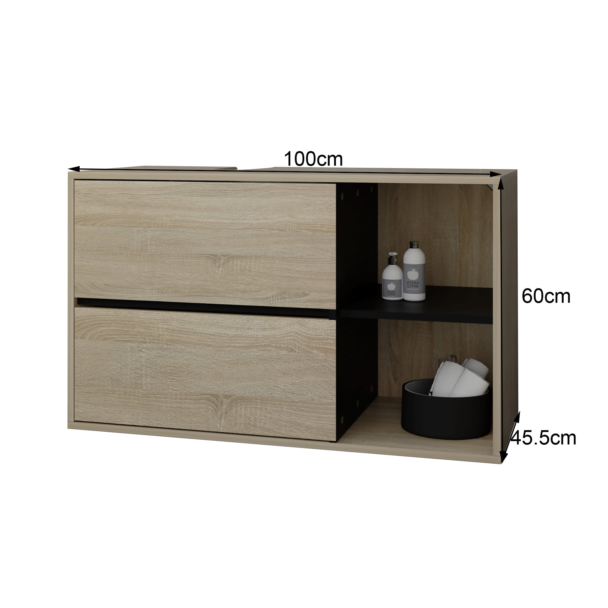 ECD Germany Sanitär meuble sous-vasque 100 cm marron noir 2 tiroirs