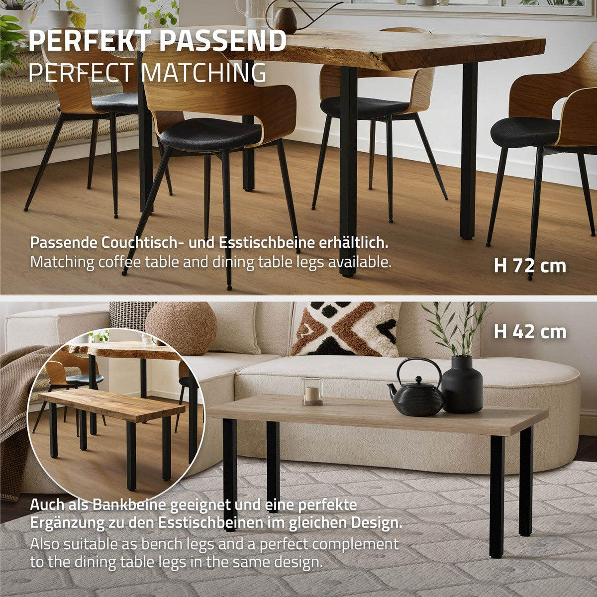 ECD Germany Möbel pieds de table I-Design acier noir 30 cm lot de 4