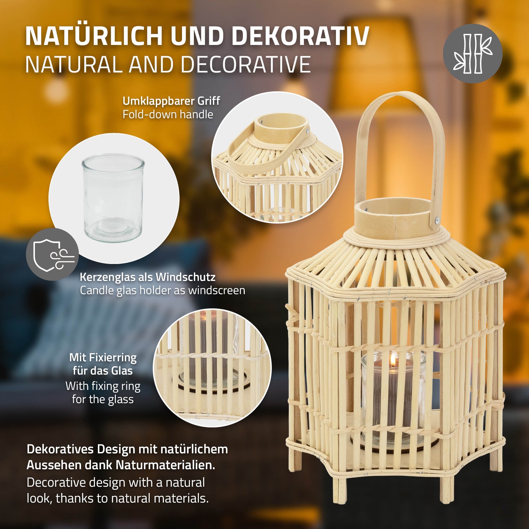 ECD Germany Garten Lanterne Bambou 45 cm avec Verre