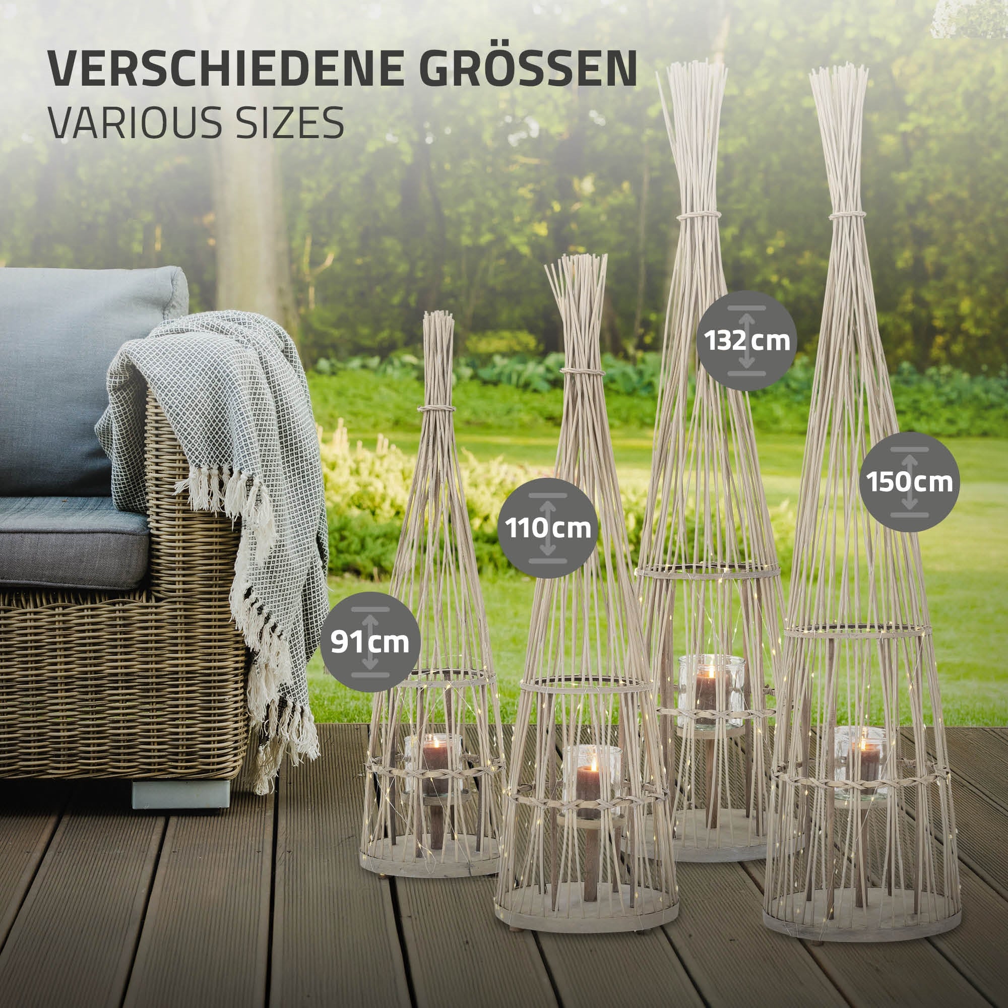 ECD Germany Garten lanterne bambou 110 cm LED verre tressée