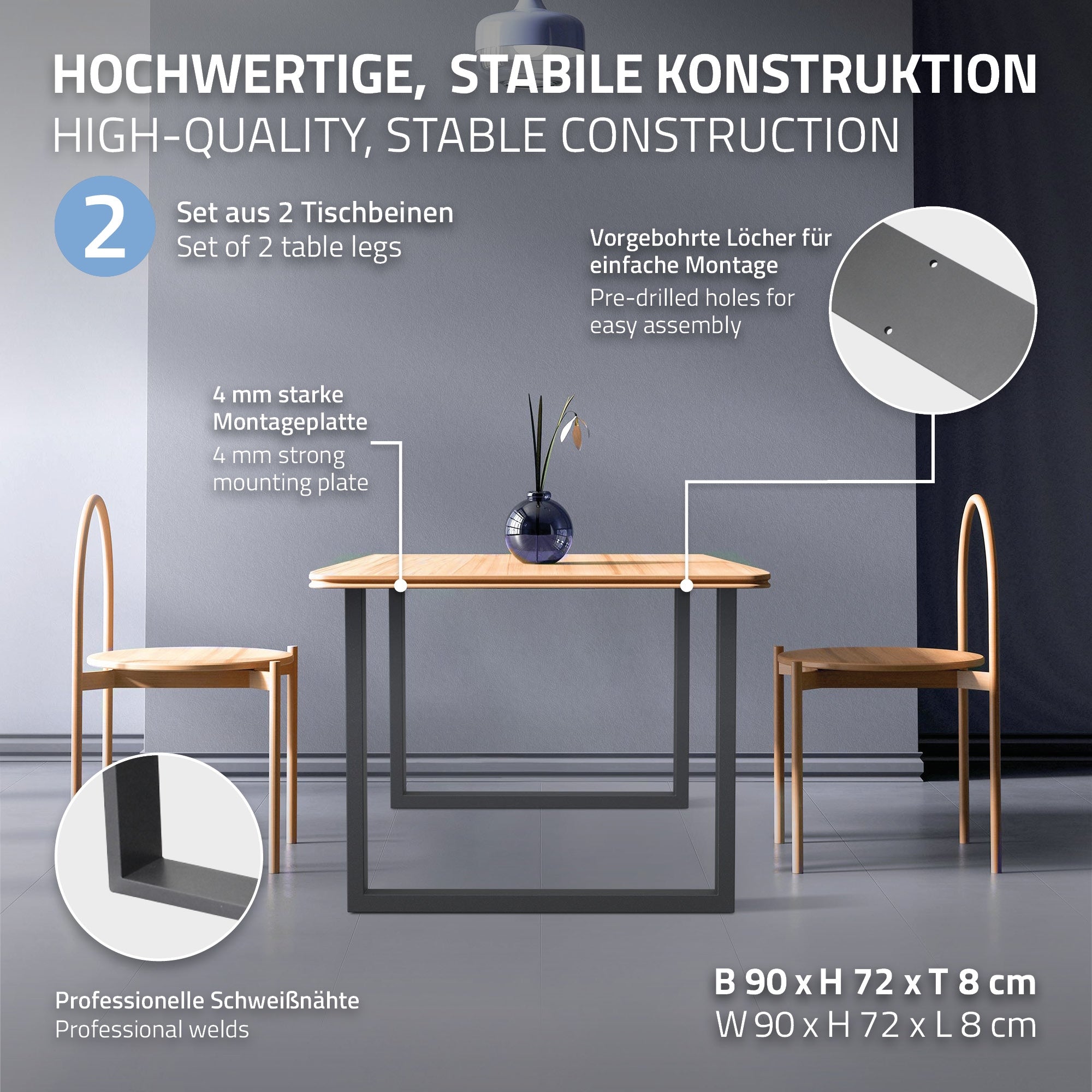 ML-Design pieds de table traîneau 90x72 cm anthracite acier