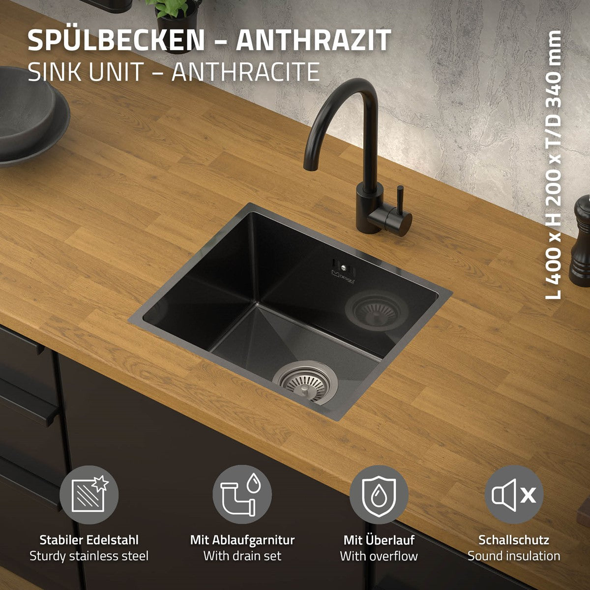 ECD Germany Sanitär évier inox 34x40 cm anthracite 1 bac