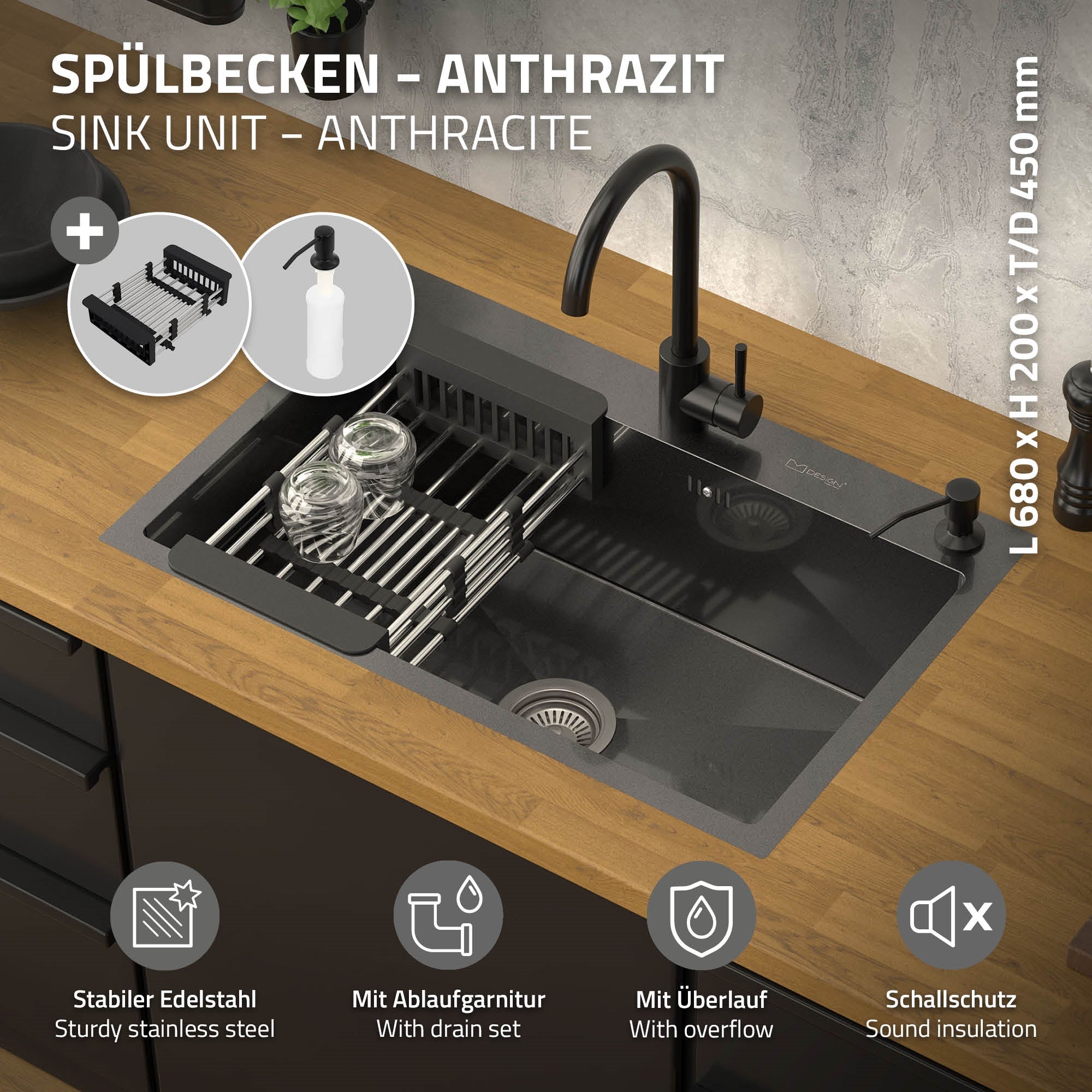 ECD Germany évier encastrable 68x45 cm anthracite inox 1 cuve