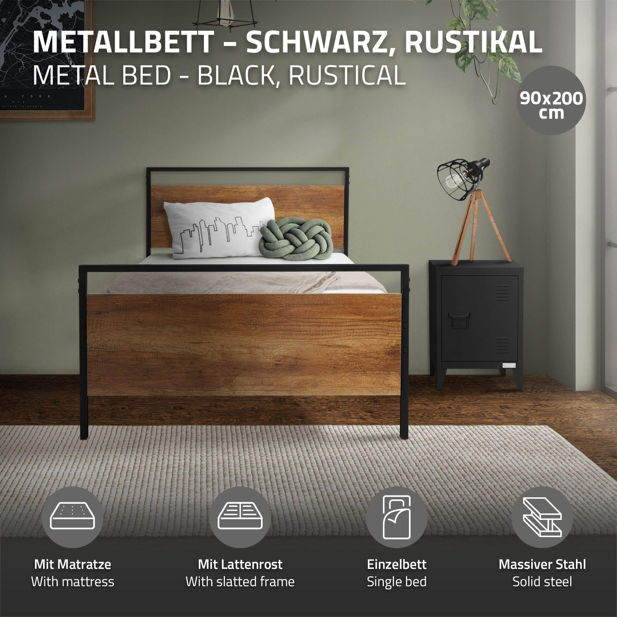 ECD Germany ML-Design lit métal 140x200 avec sommier tête bois