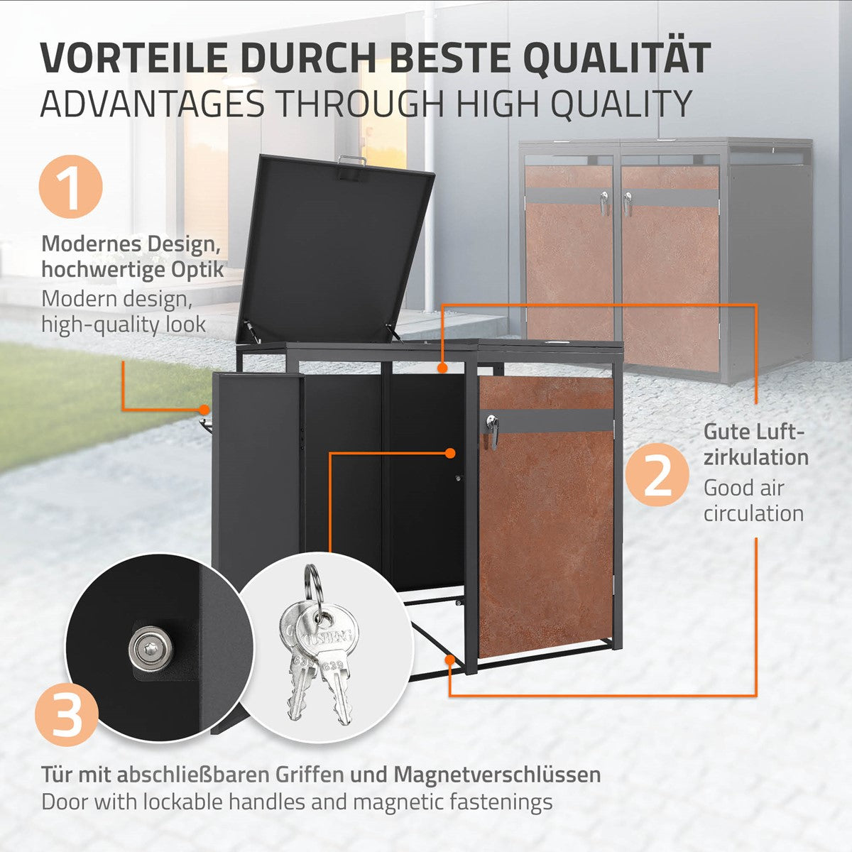 ECD Germany cache-poubelles triple 240L 200x80 cm acier rouille