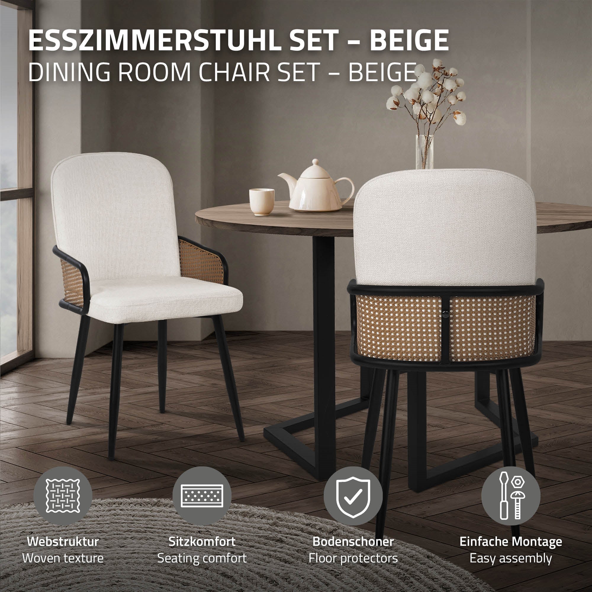 ECD Germany Möbel chaise beige rotin lot 4 tissu 120 kg