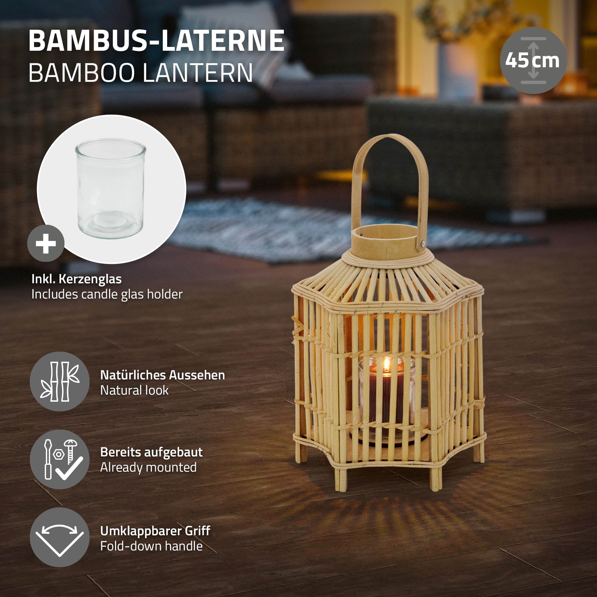 ECD Germany Garten Lanterne Bambou 45 cm avec Verre