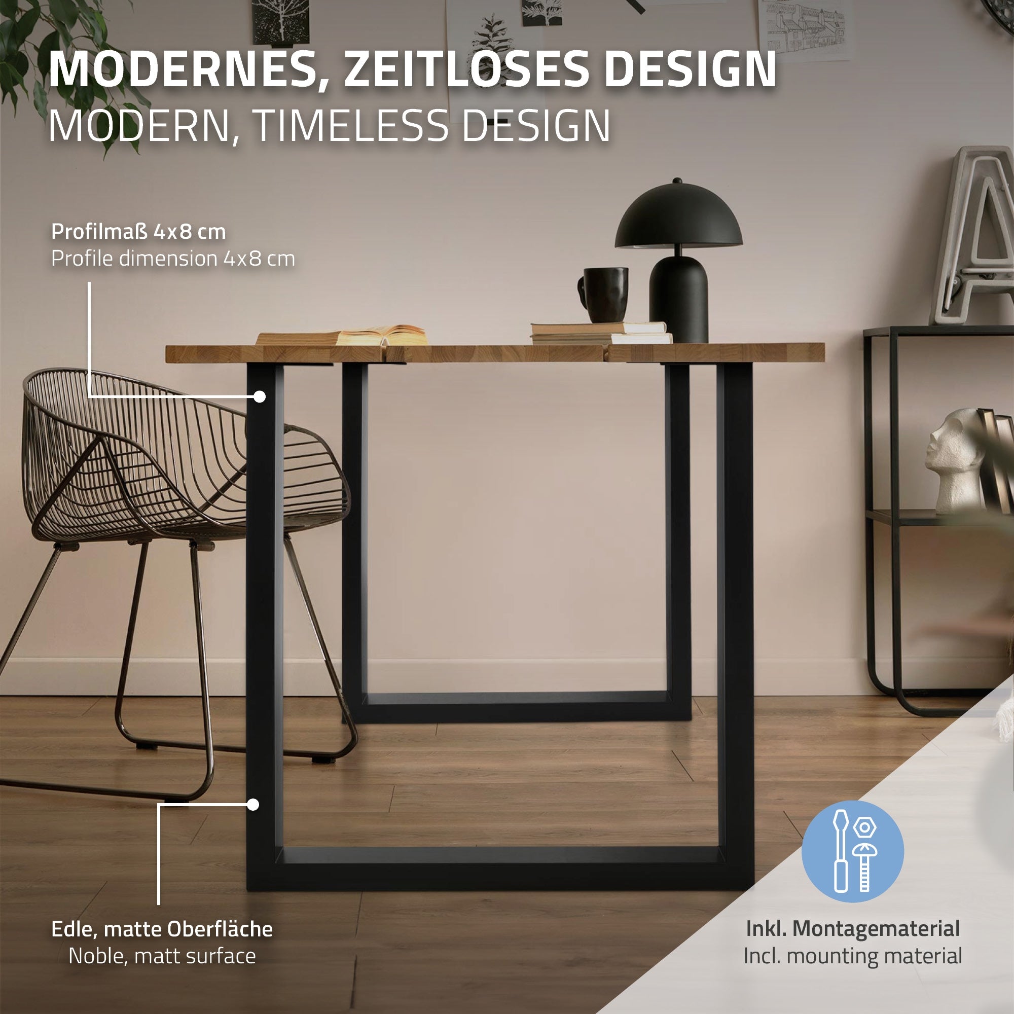ECD Germany U-Design 70x74 pieds de table noir lot de 2 acier