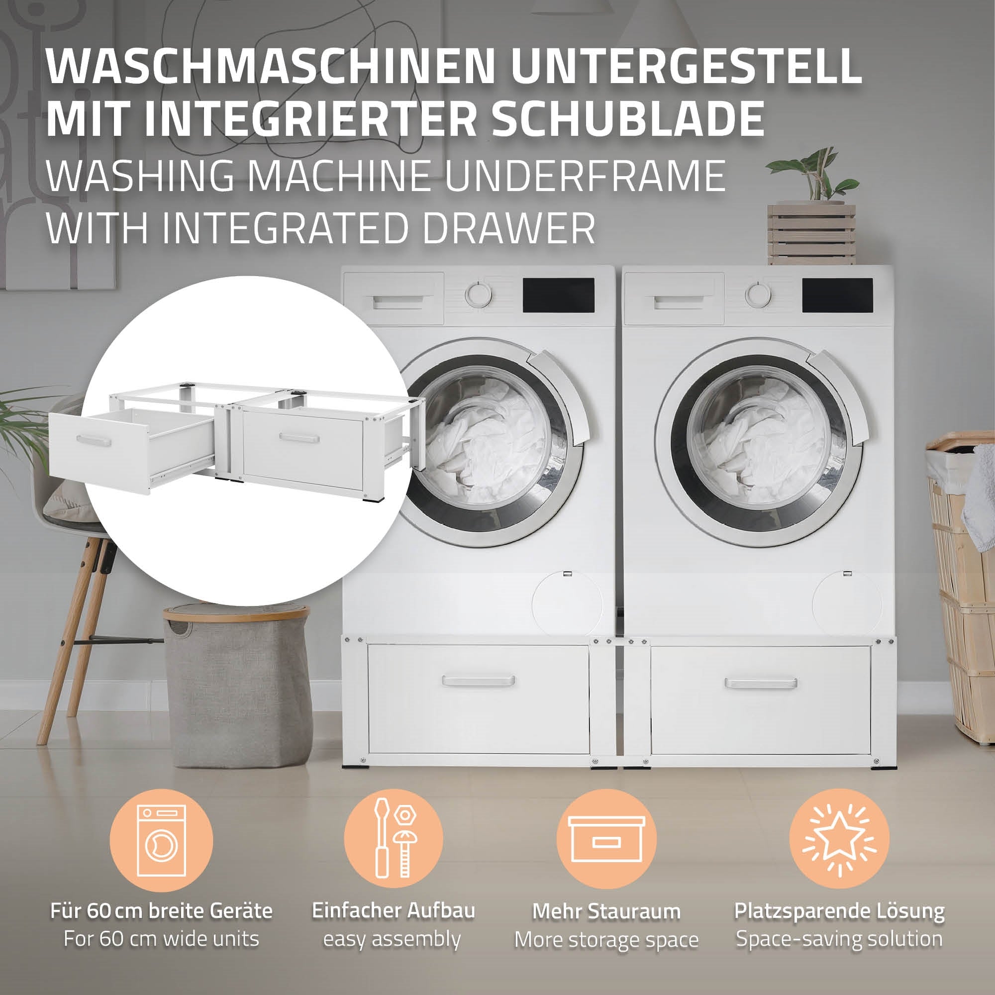 ECD Germany Möbel Socle Lave-Linge Blanc Double 2 Tiroirs