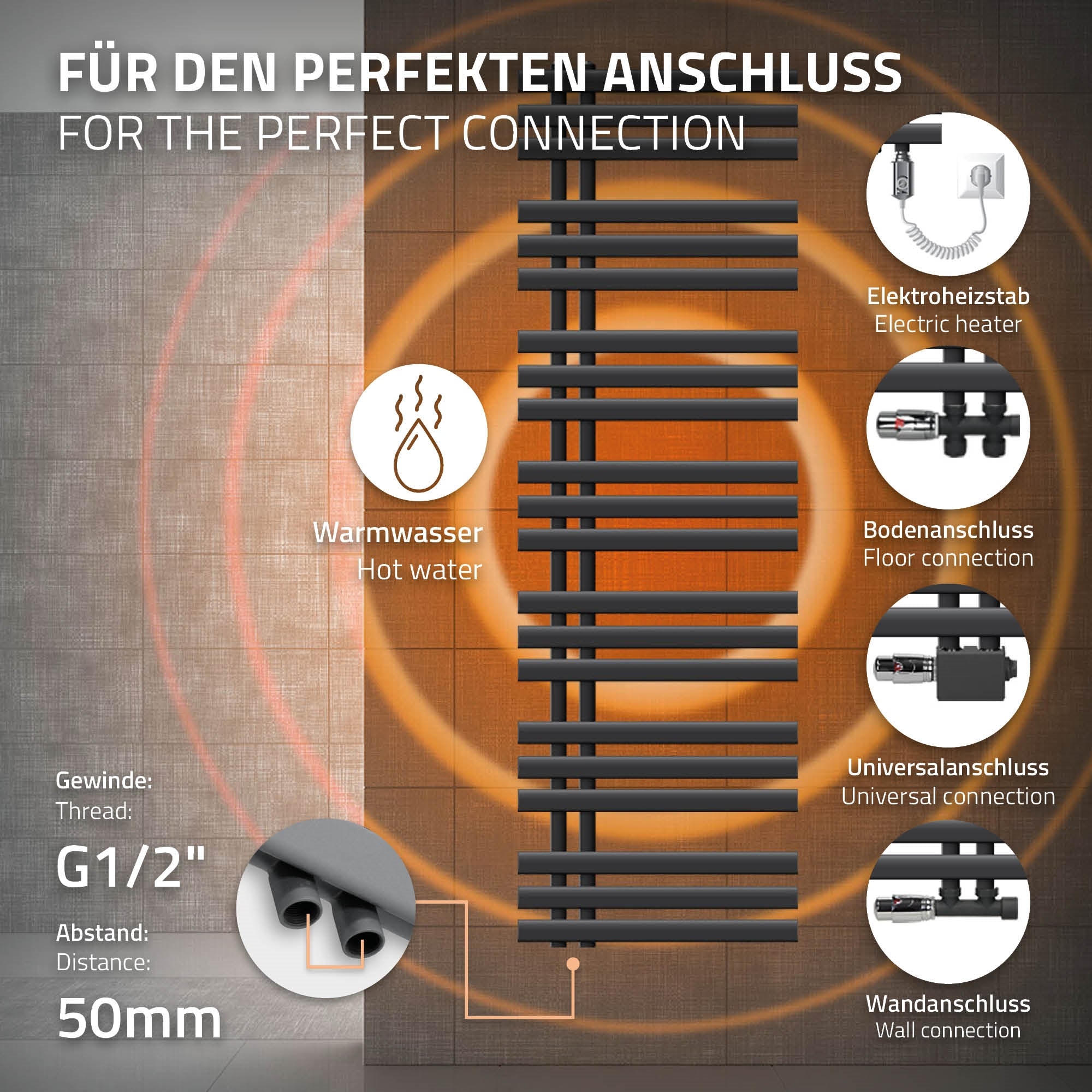 ECD Germany Iron EM sèche-serviettes anthracite 500x1600 900W