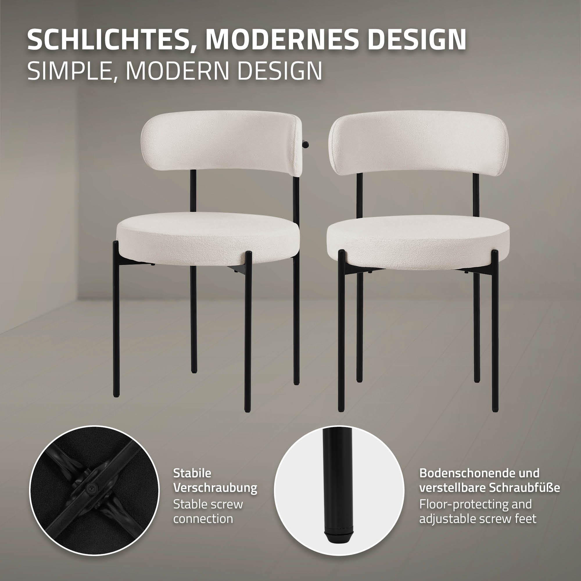 ECD Germany Möbel ML-Design chaise bouclé blanc lot 4 dossier