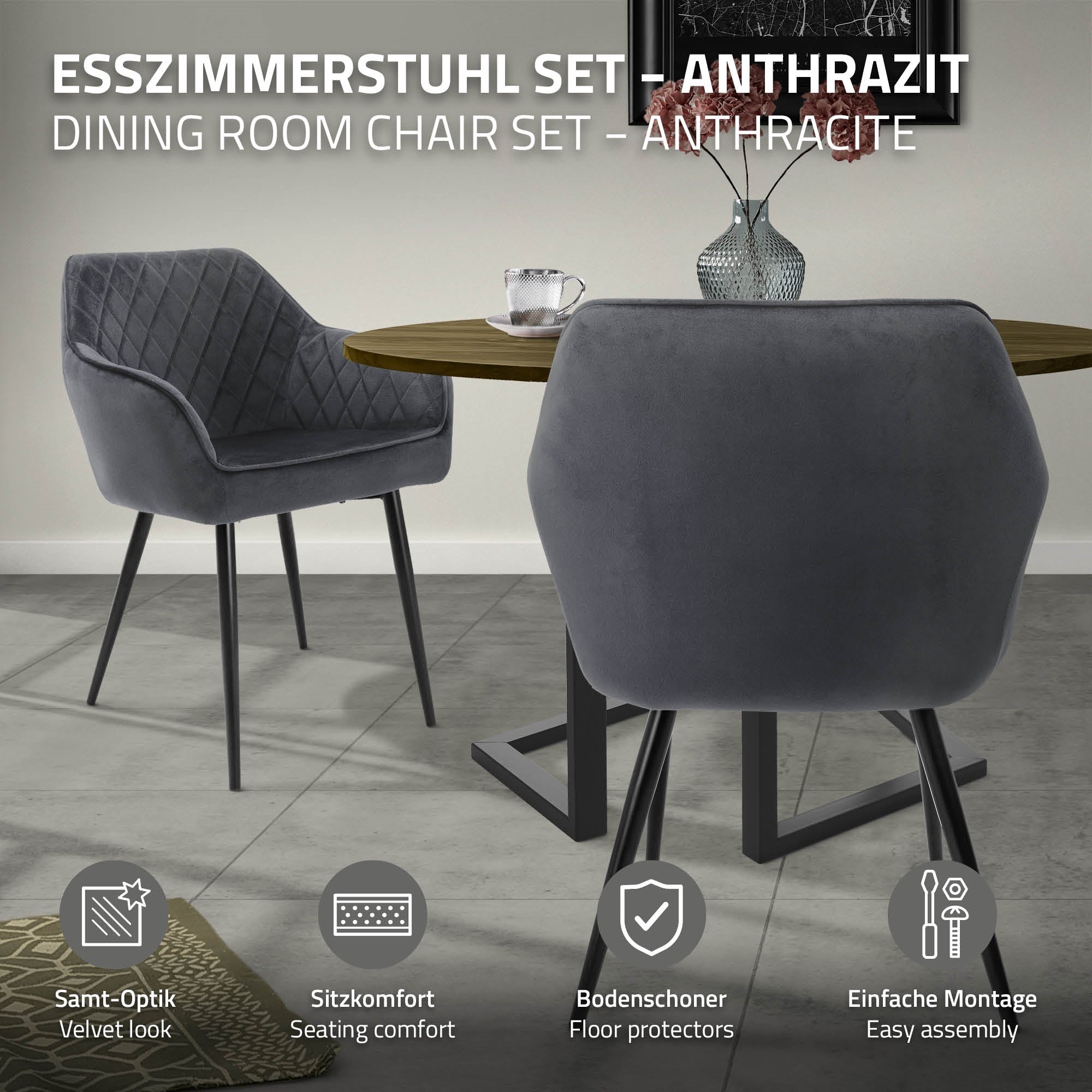 ECD Germany Möbel lot 4 chaises anthracite velours matelassé