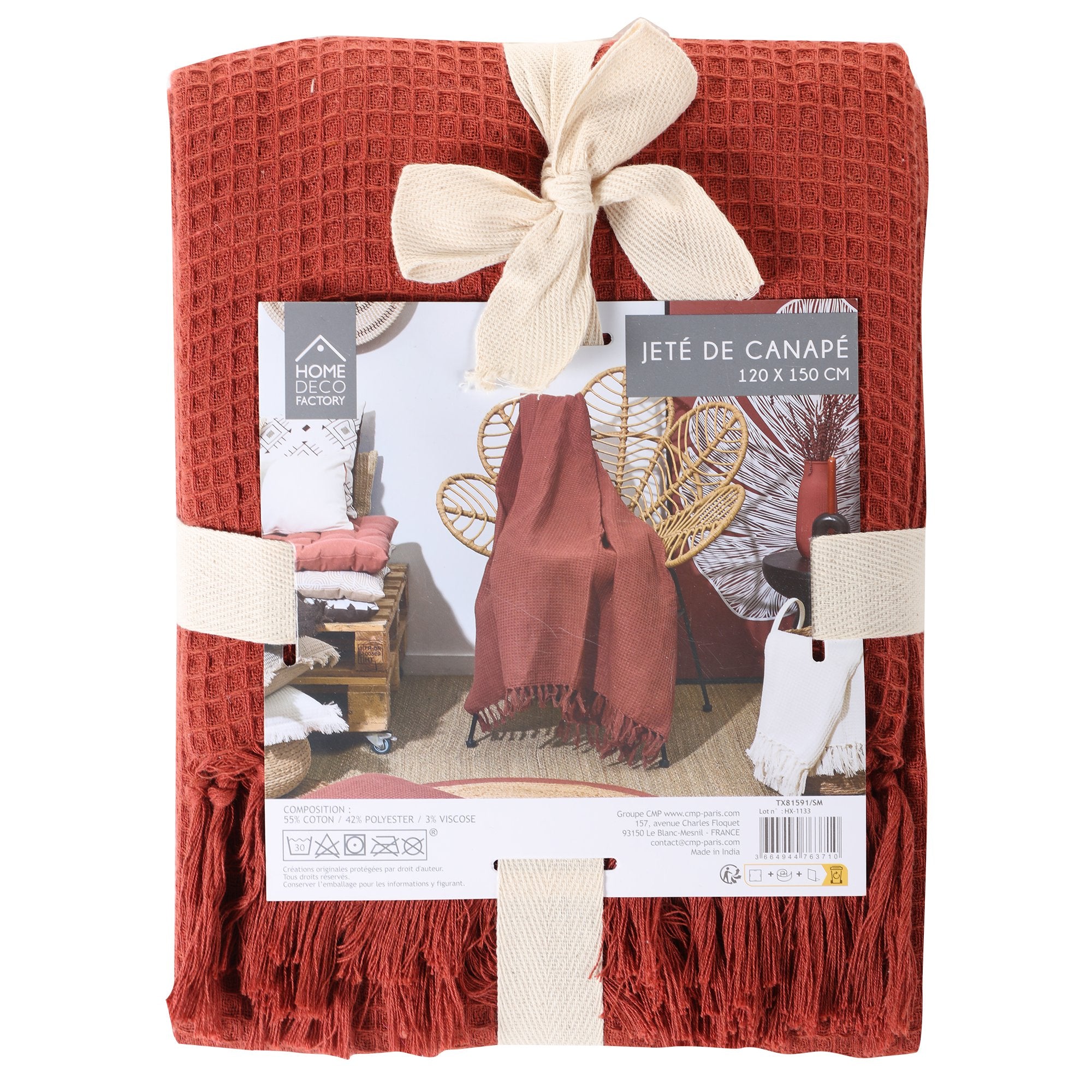 Stokomani Plaid Gauffré Coton Orange Linge Maison