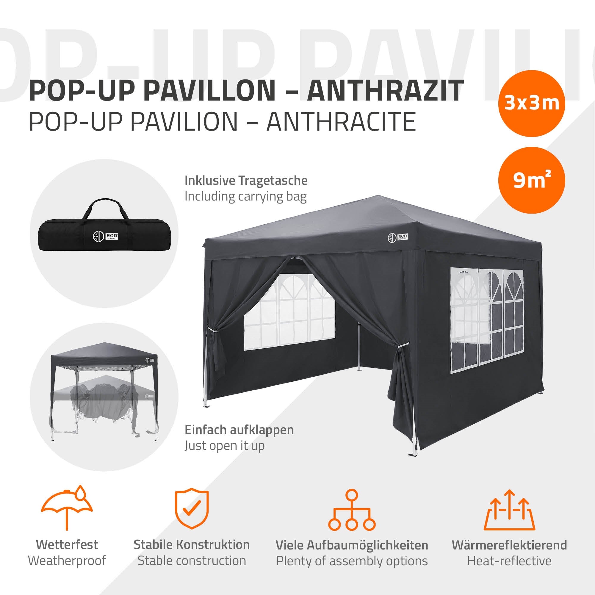 ECD Germany pavillon pliant 3x3 m anthracite avec parois polyester