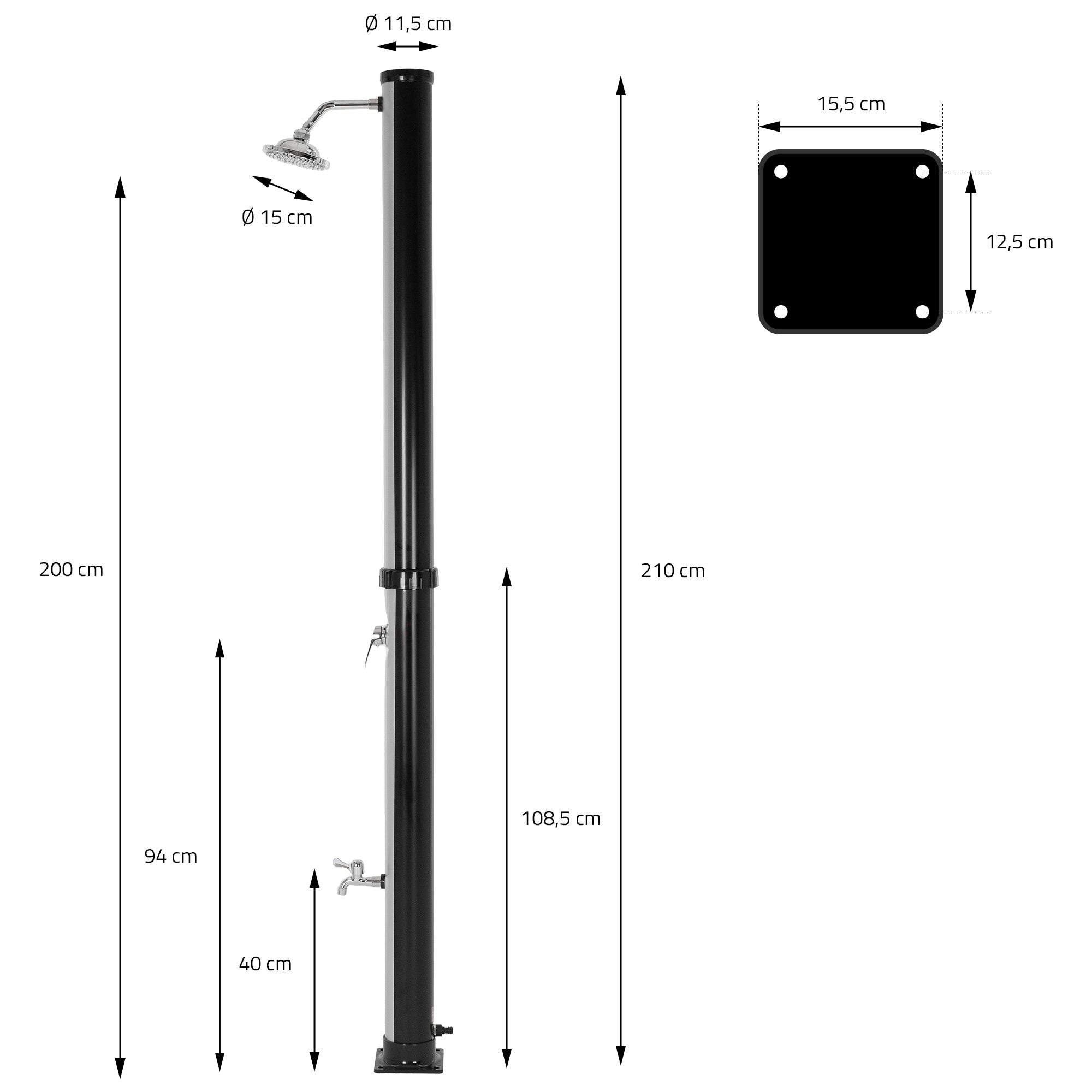 ECD Germany Garten douche solaire 20L 210 cm argent/noir + douchette pied
