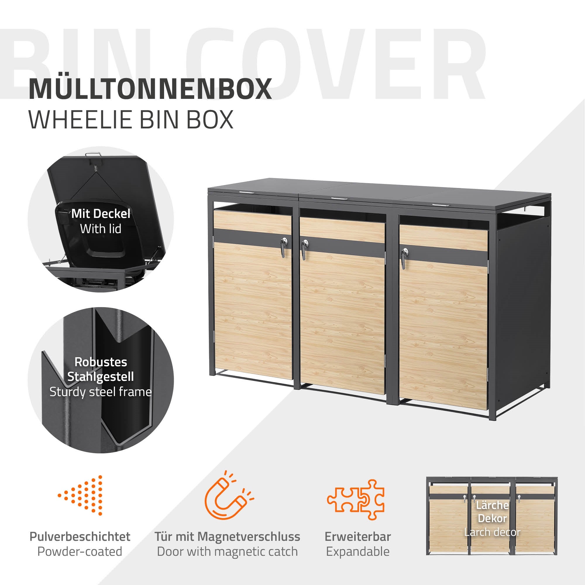 ECD Germany Garten cache-poubelles 3x240L Lärche 200cm acier