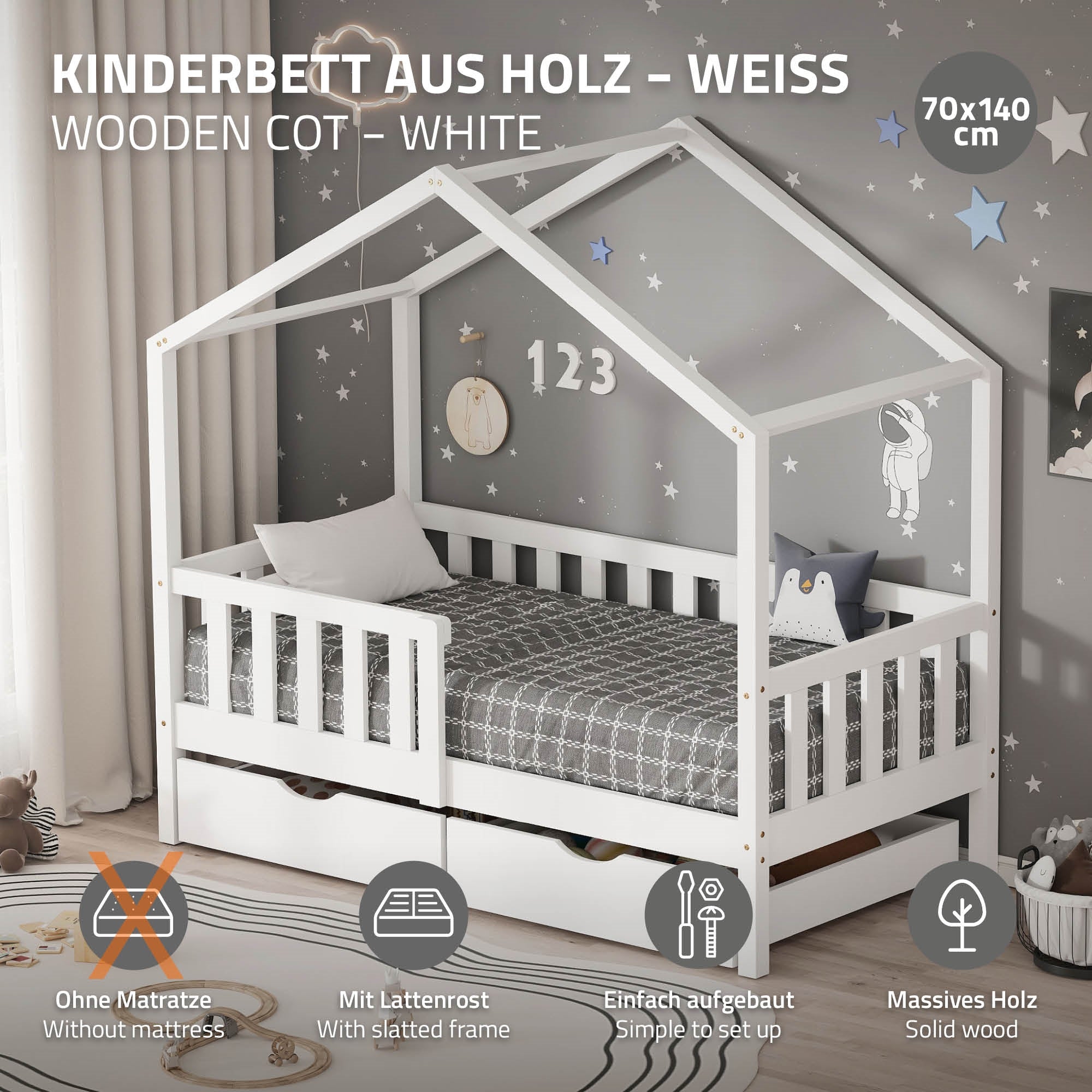 ECD Germany Kinder Lit cabane 70x140 blanc pin 2 tiroirs sans matelas