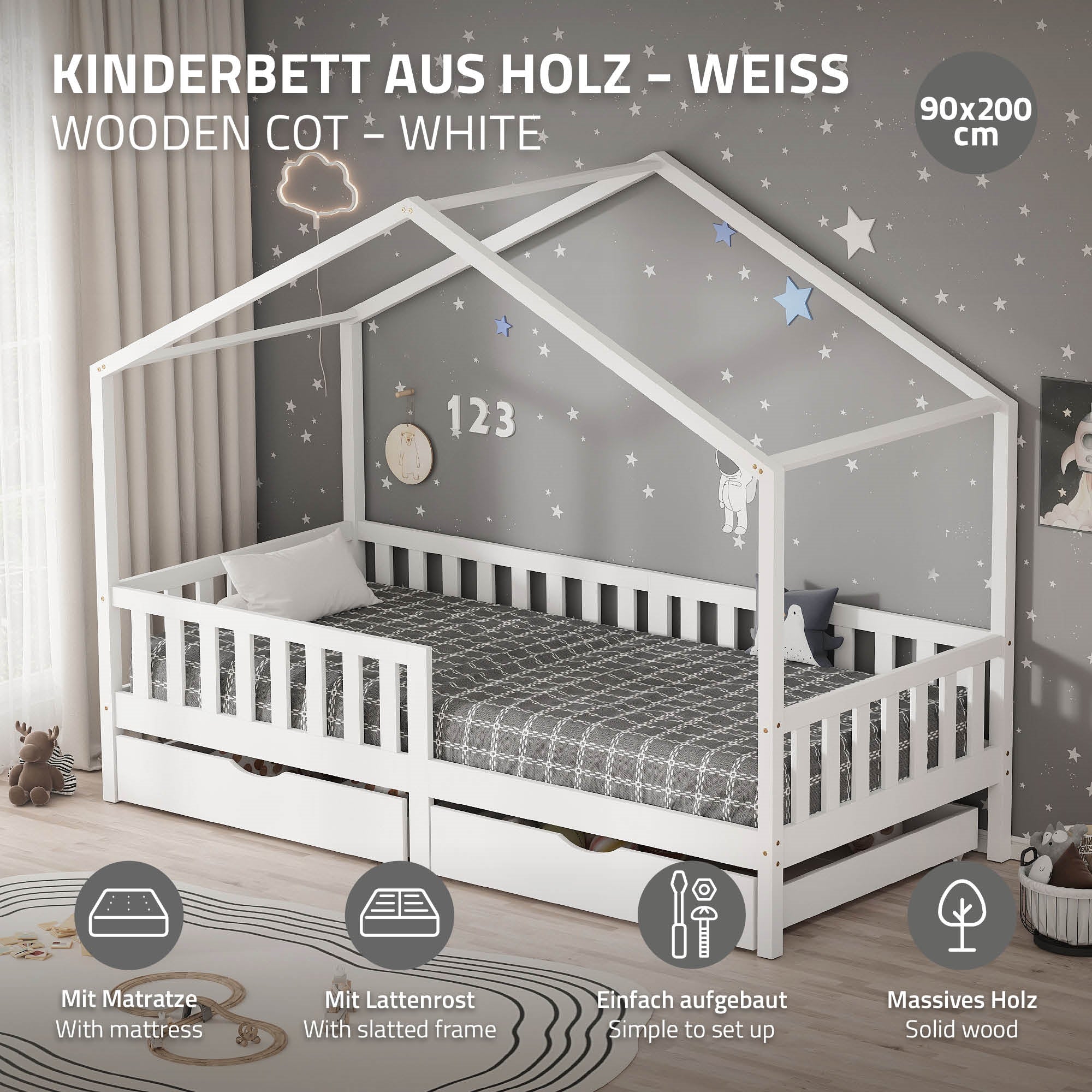 ECD Germany lit cabane enfant 90x200 blanc matelas tiroirs
