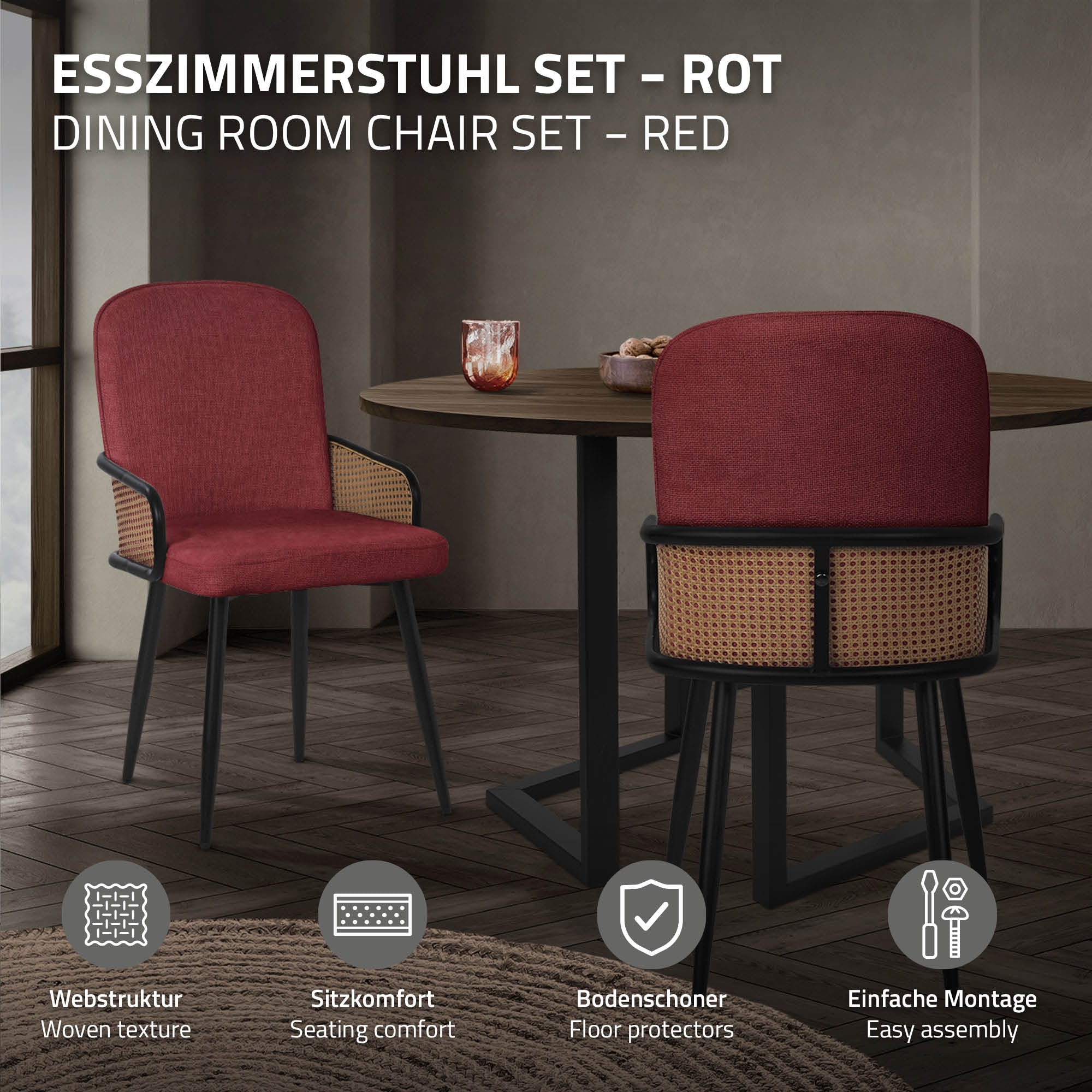 ECD Germany Möbel lot 6 chaises salle à manger rouge accoudoirs