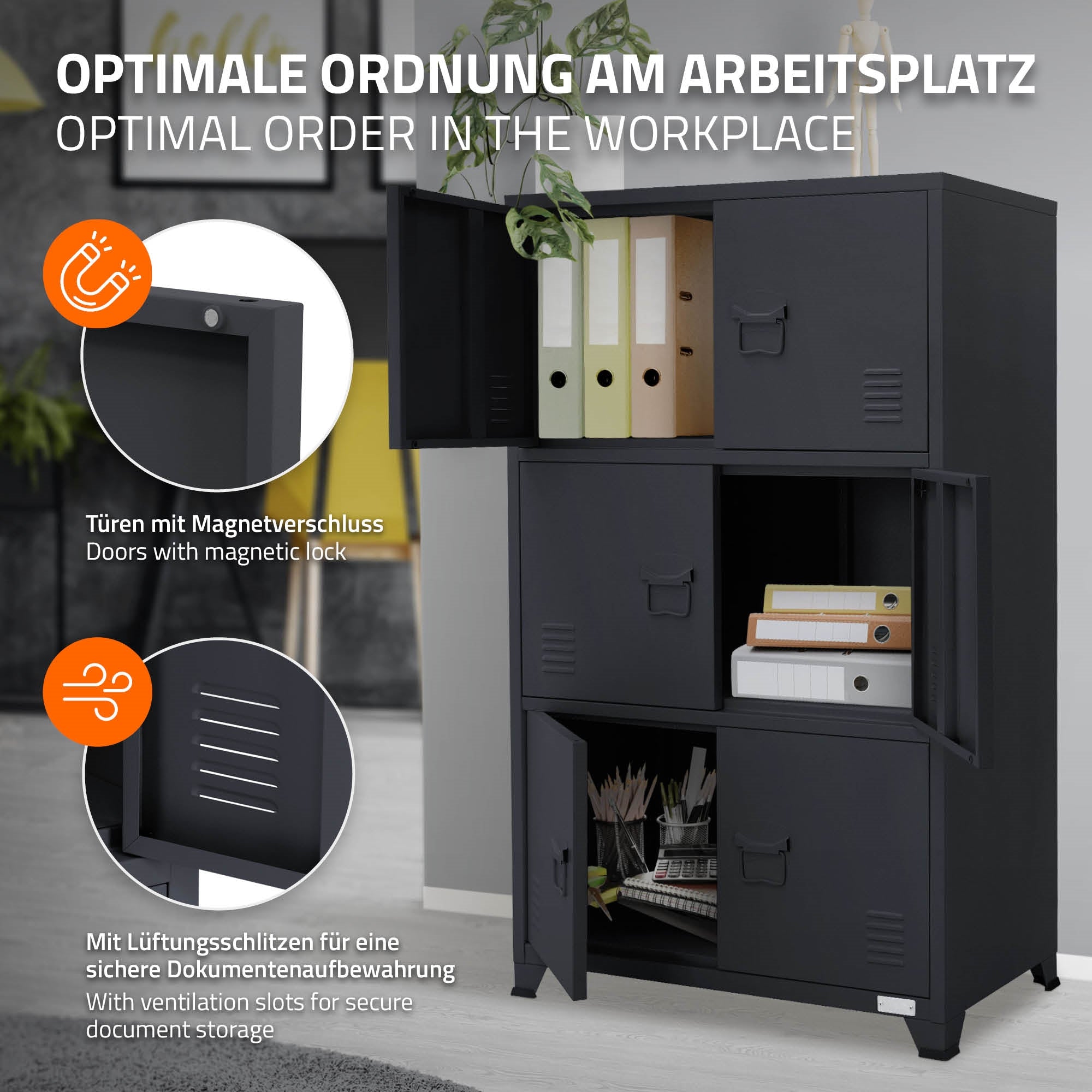 ECD Germany armoire bureau anthracite 75x40x120 cm acier 3 cases