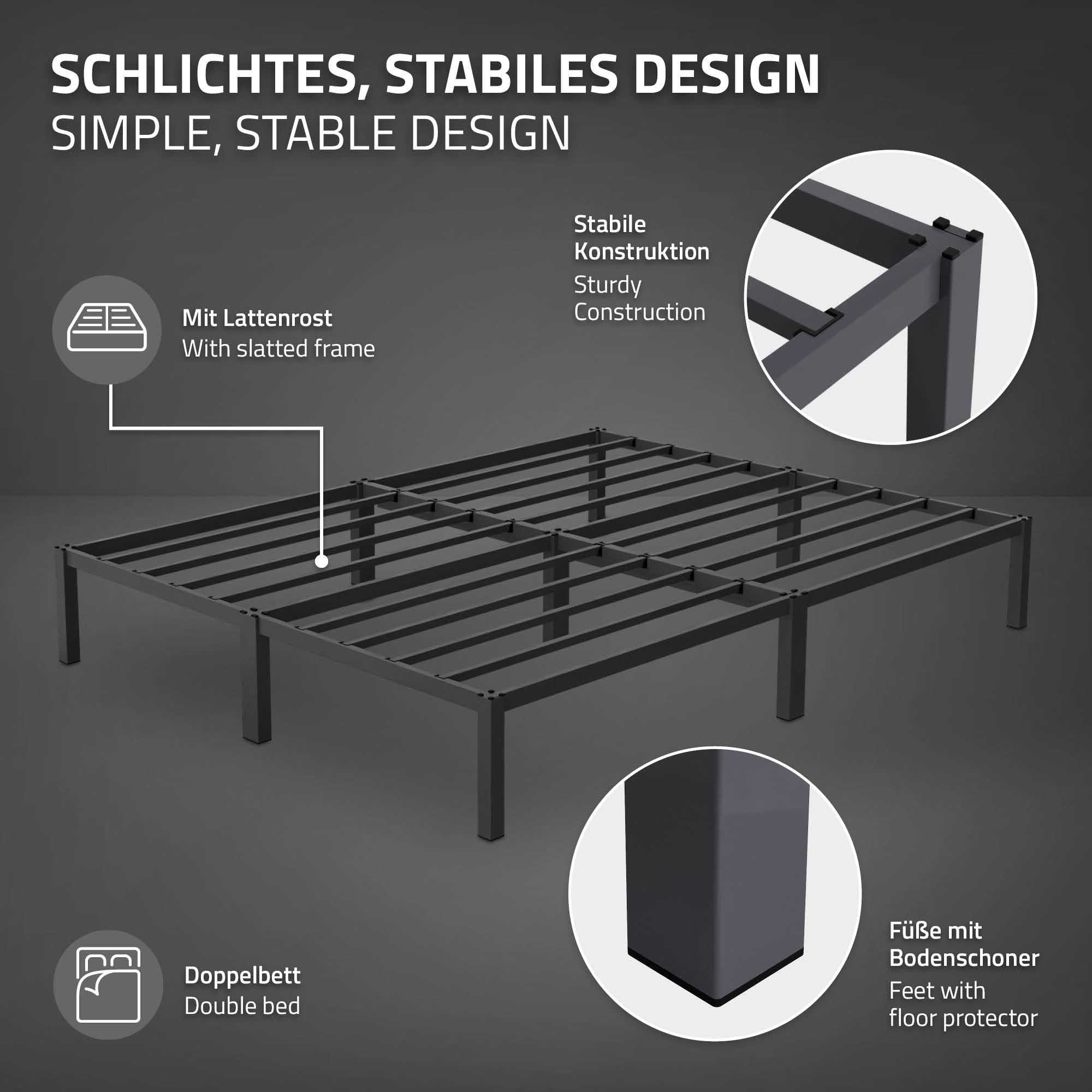 ECD Germany Möbel Lit double métal 160x200 anthracite