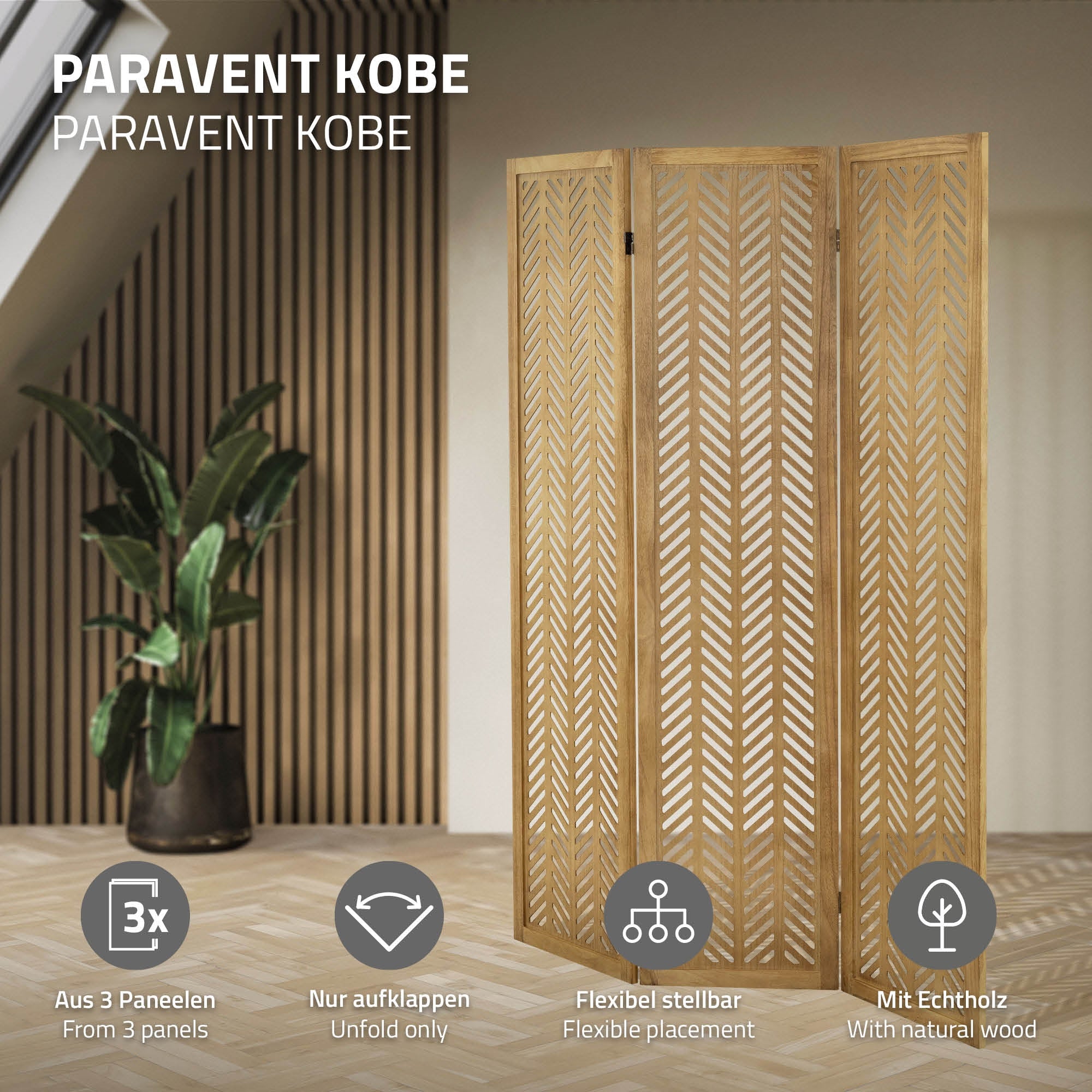 ECD Germany Kobe paravent bois 3 panneaux marron 170x121 cm