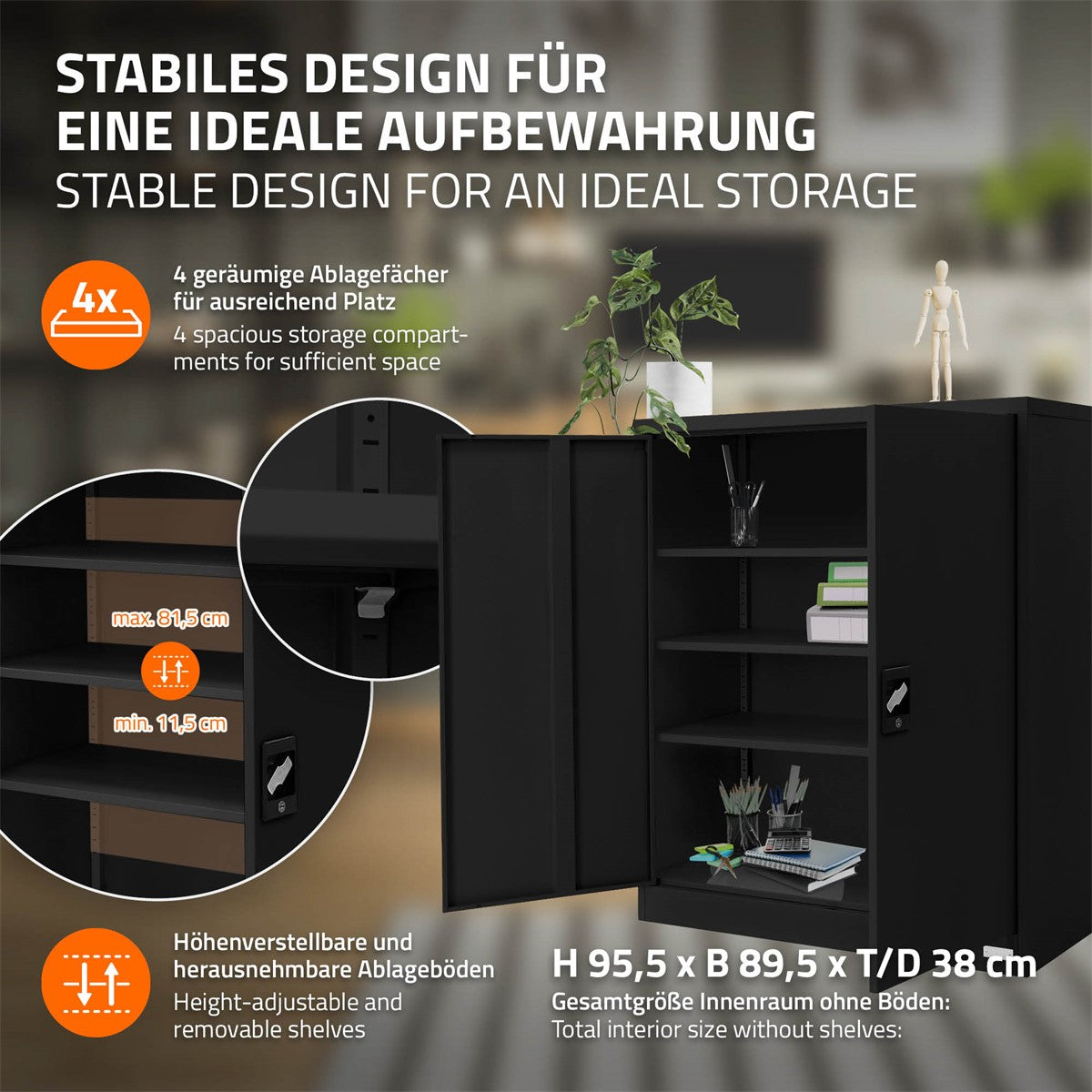 ECD Germany ML-Design armoire métallique 90x40x109 noire 2 portes
