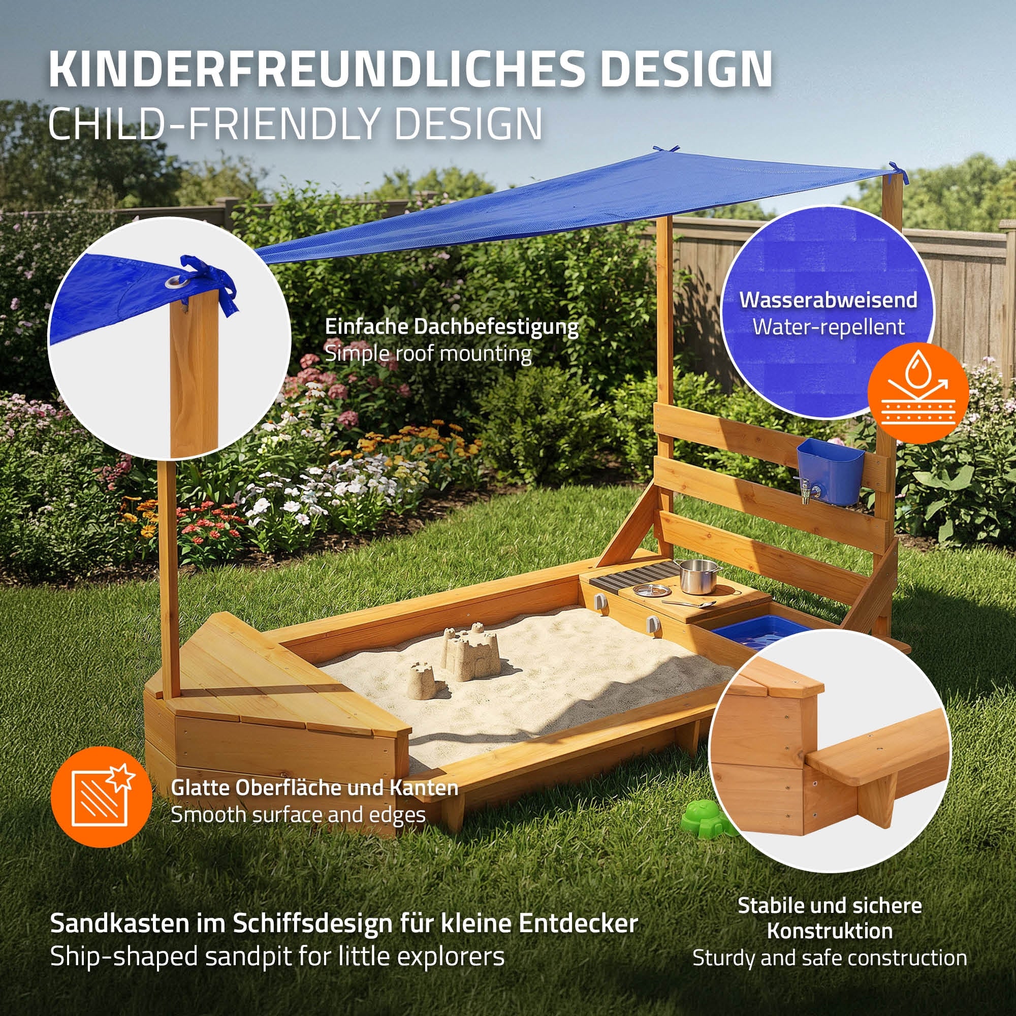 ECD Germany Kinder bac à sable bateau 101x163 bois toit cuisine