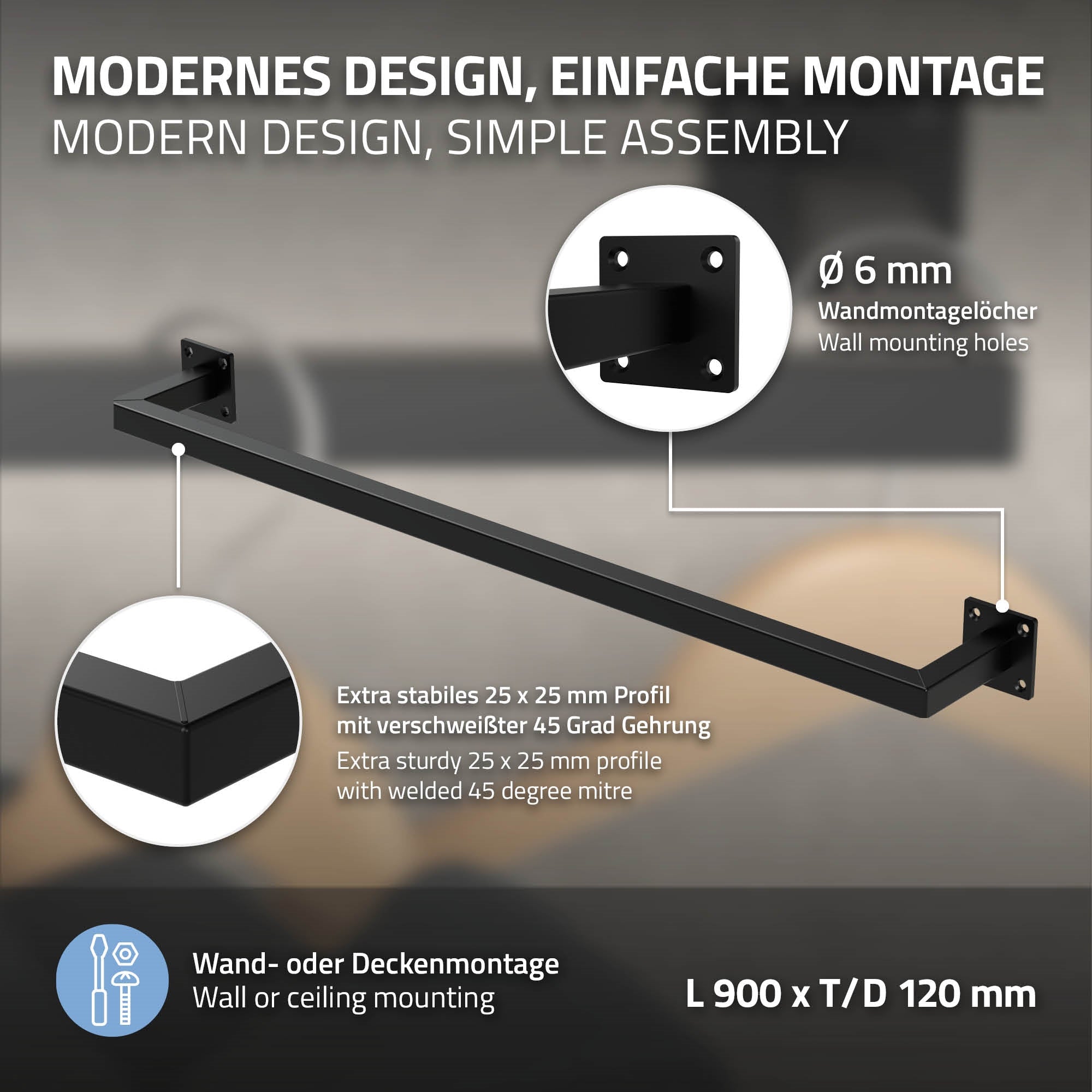ECD Germany ML-Design 12x90 portant mural noir 50 kg