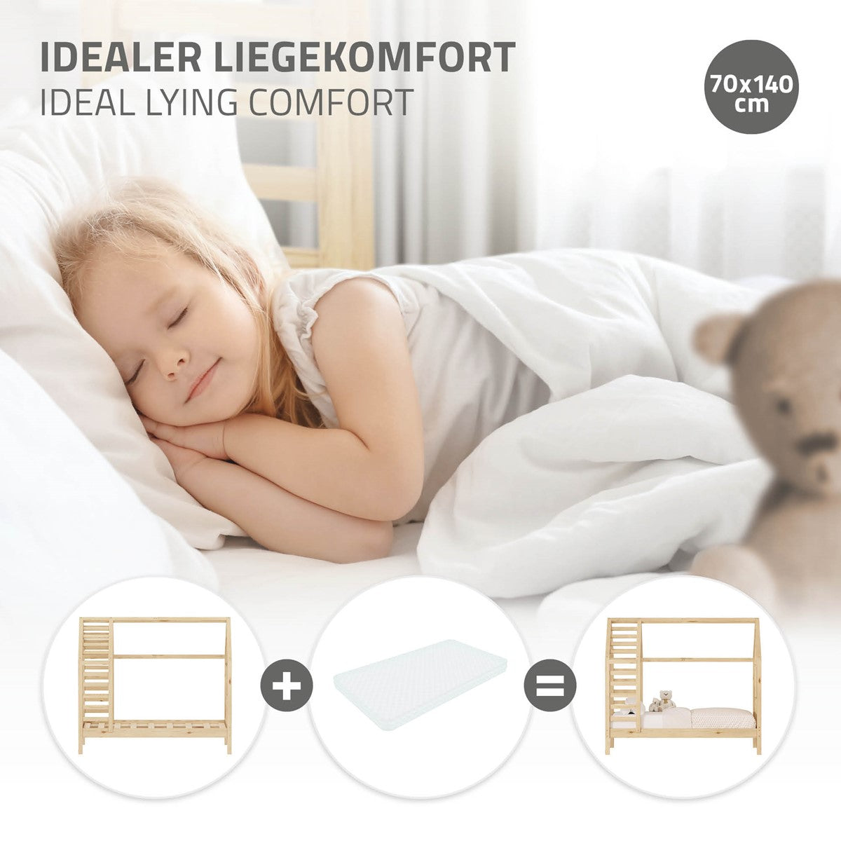 ECD Germany Kinder lit cabane 70x140 cm pin naturel avec sommier