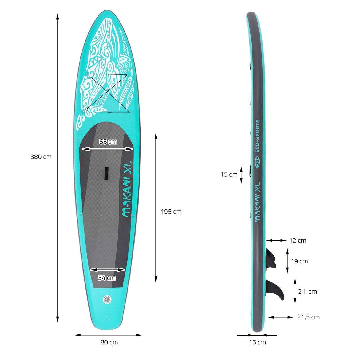 ECD Makani XL paddle gonflable turquoise 380x80cm pompe sac