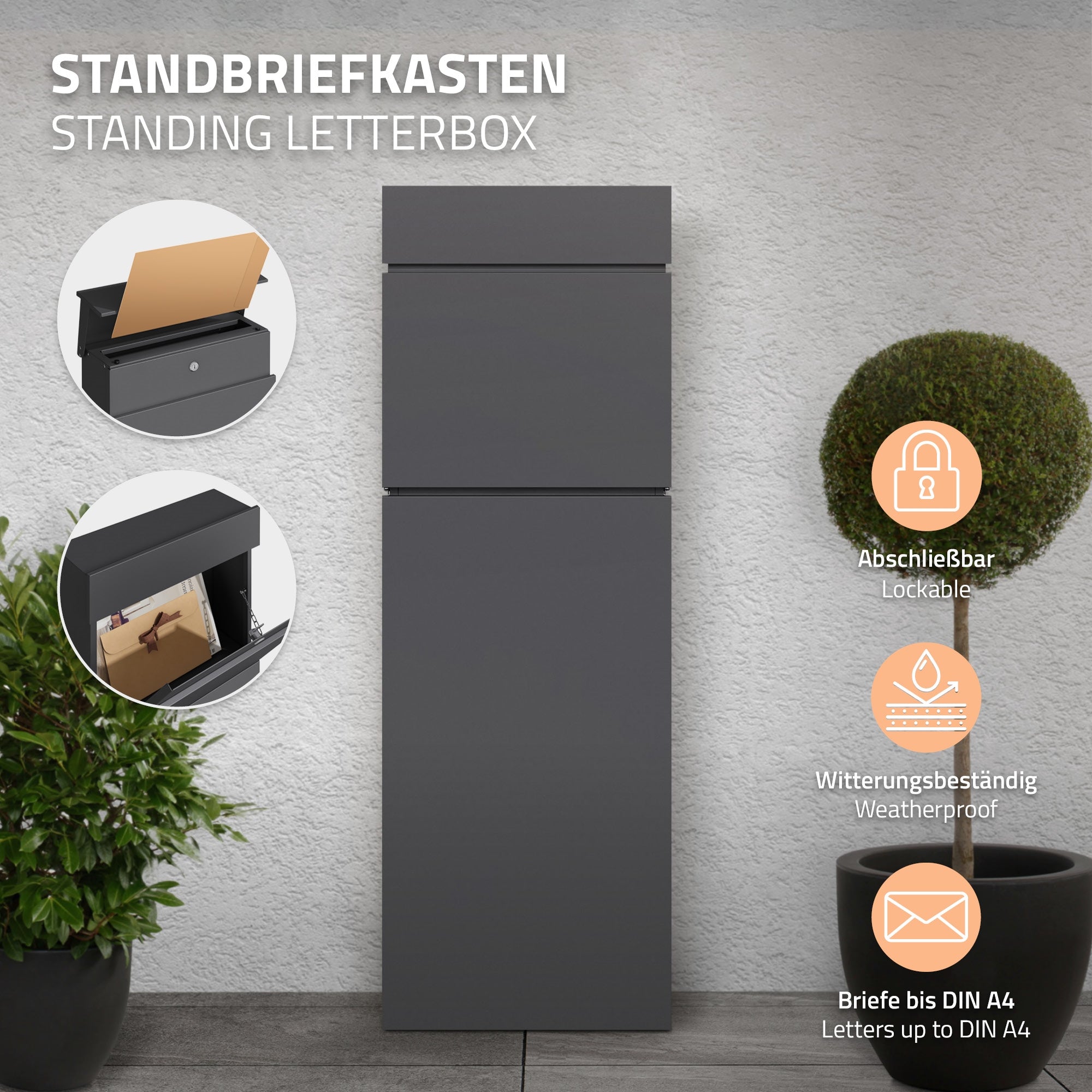 ML-Design boîte aux lettres sur pied anthracite 115 cm A4