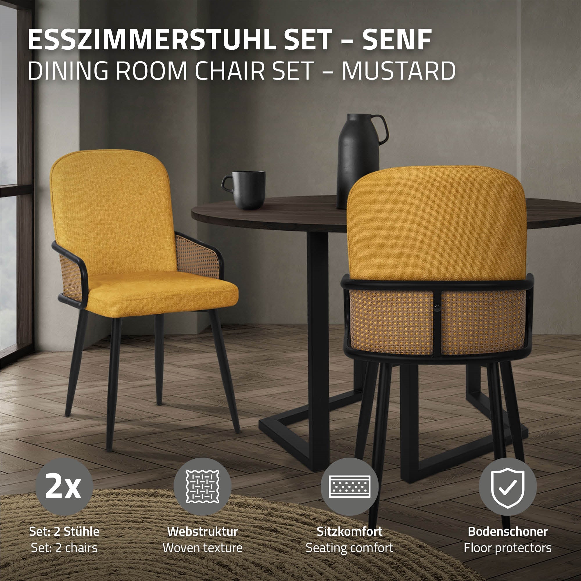 ECD Germany Möbel lot 2 chaises salle à manger moutarde rotin