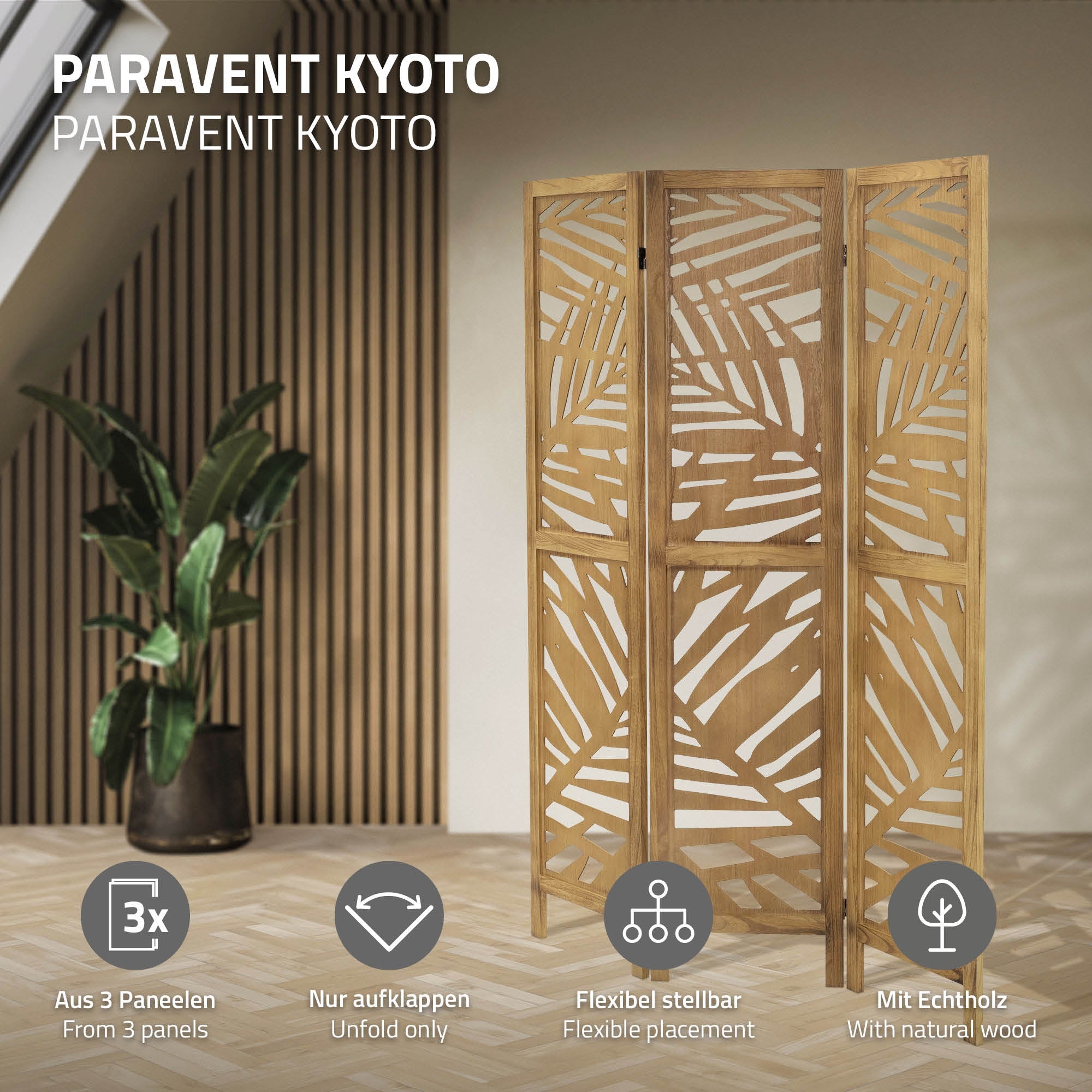 ML-Design Kyoto paravent bois 3 volets 170x121 cm marron
