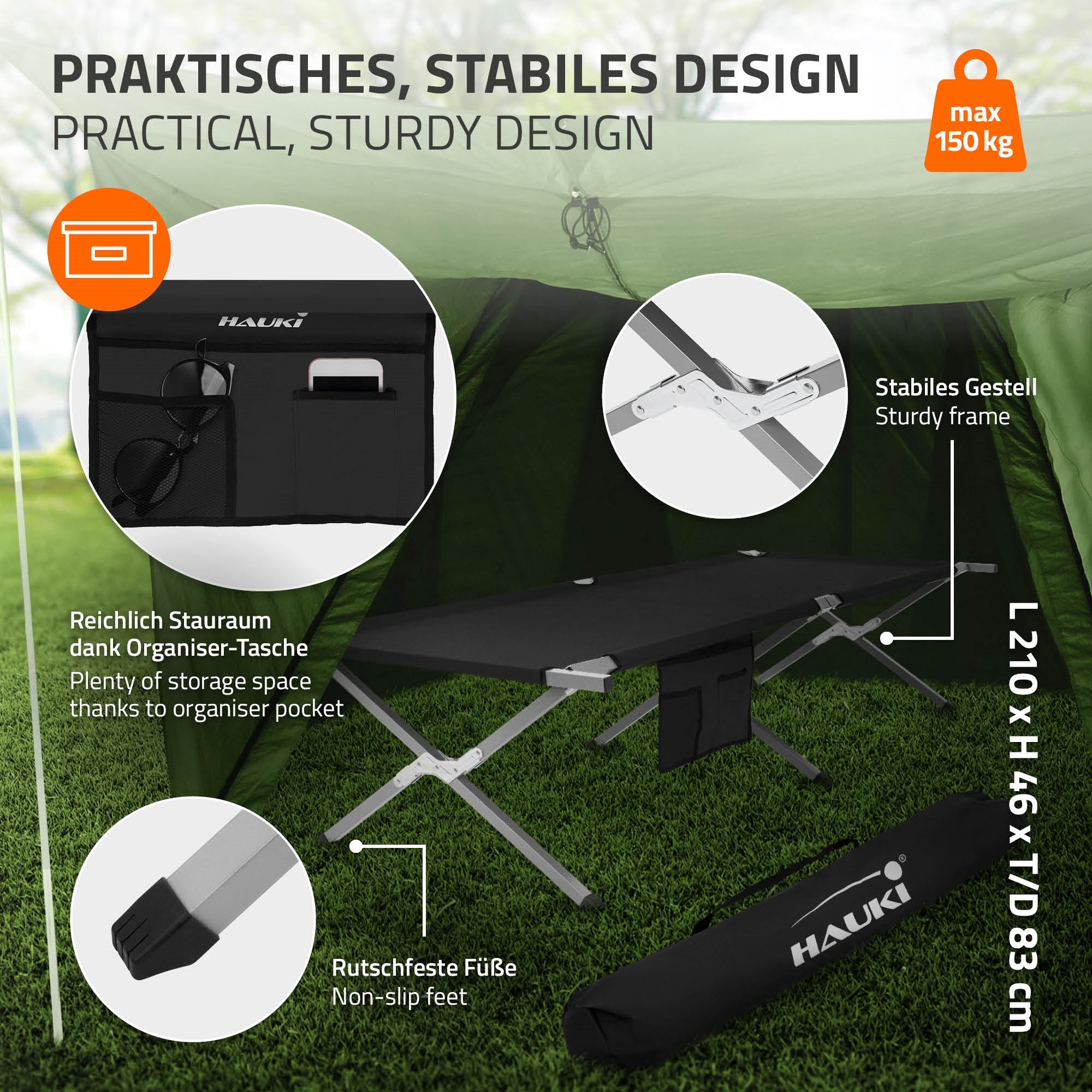 ECD Germany Hauki lit de camp pliant noir 210x83x46 cm 150 kg