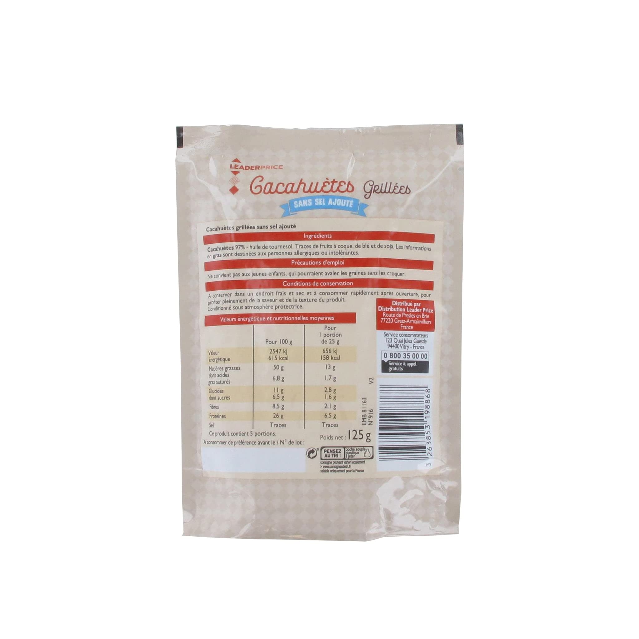 Leader Price Apéritifs Cacahuètes grillées sans sel 125g