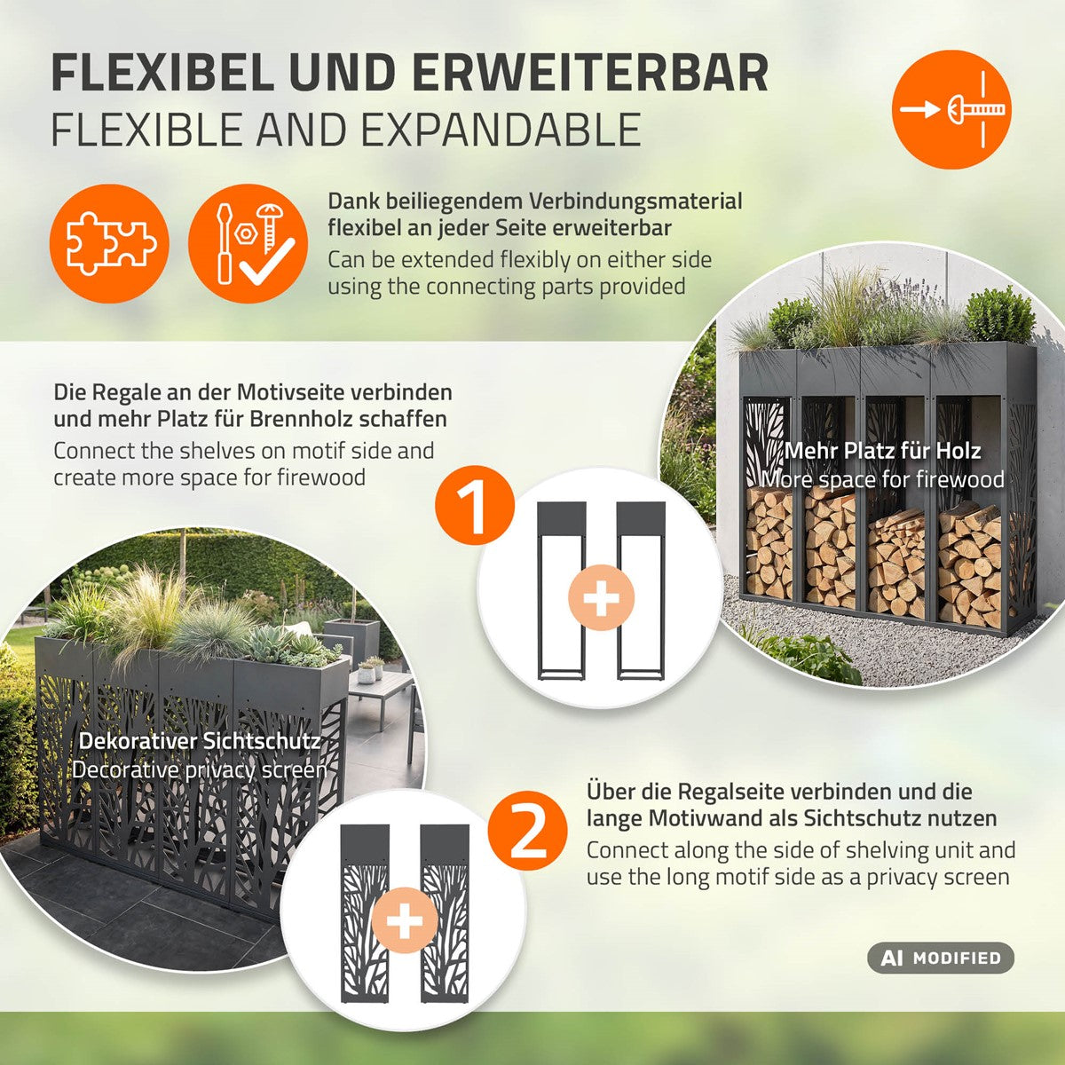 ECD Germany Garten range-bûches anthracite 30x111 cm avec jardinière