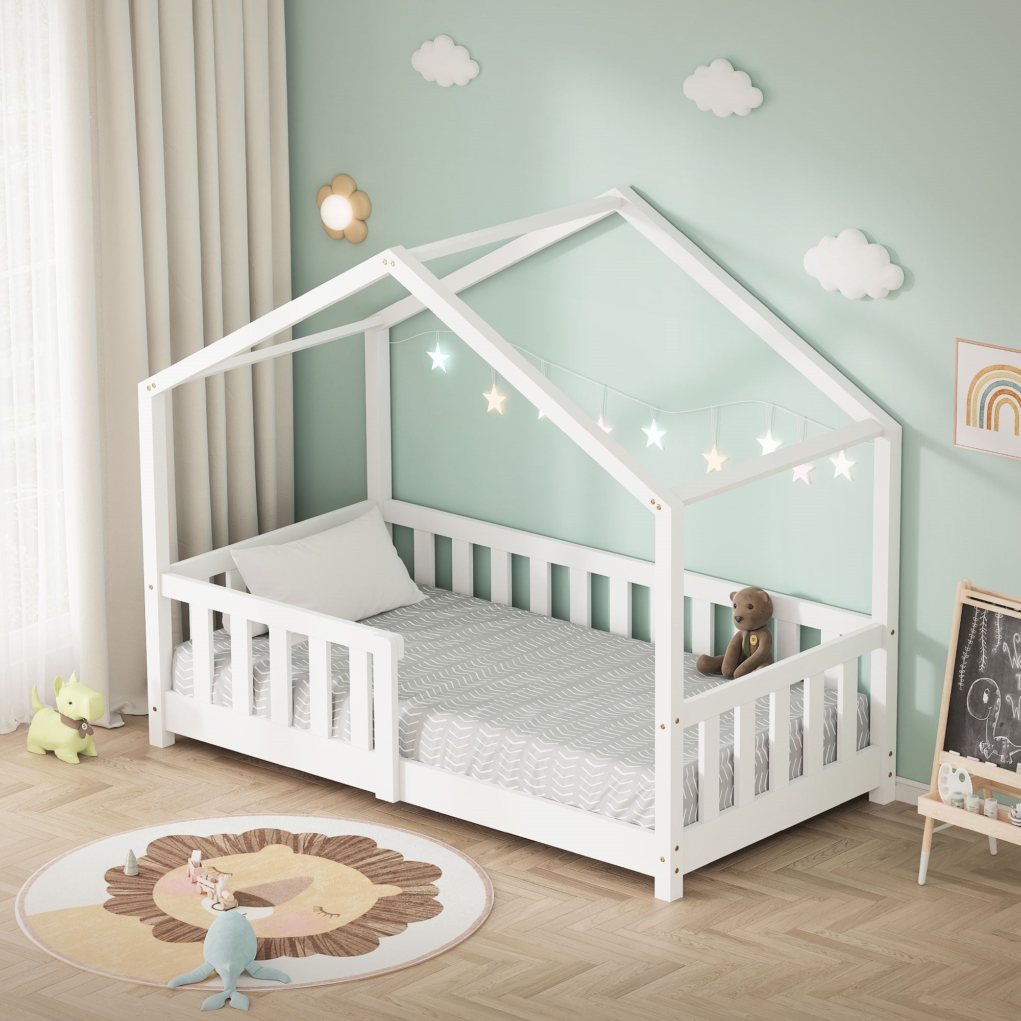 ECD Germany Kinder lit cabane 70x140 blanc pin avec sommier