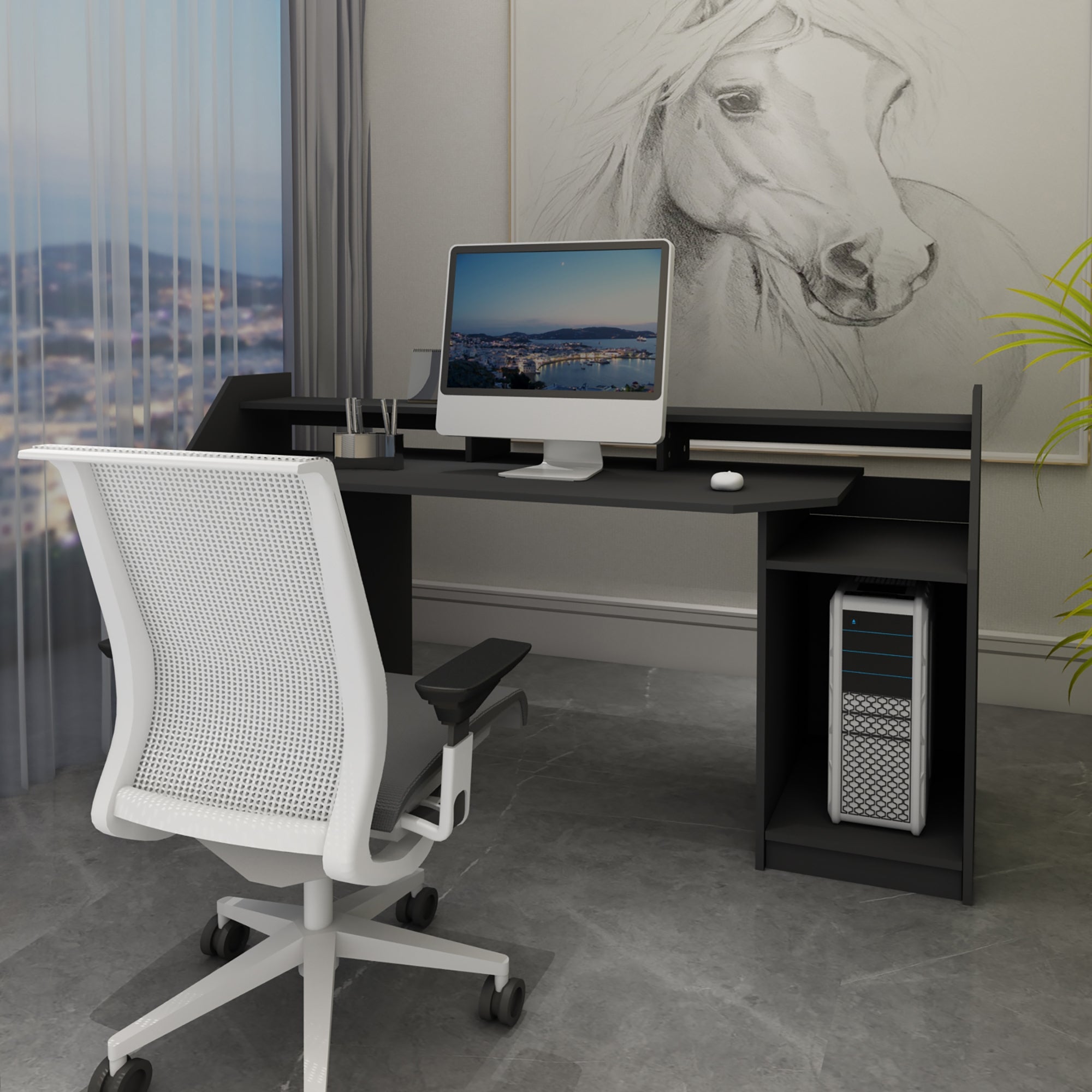 ECD Germany Möbel Bureau Noir Tiroir 179,8 cm MDF
