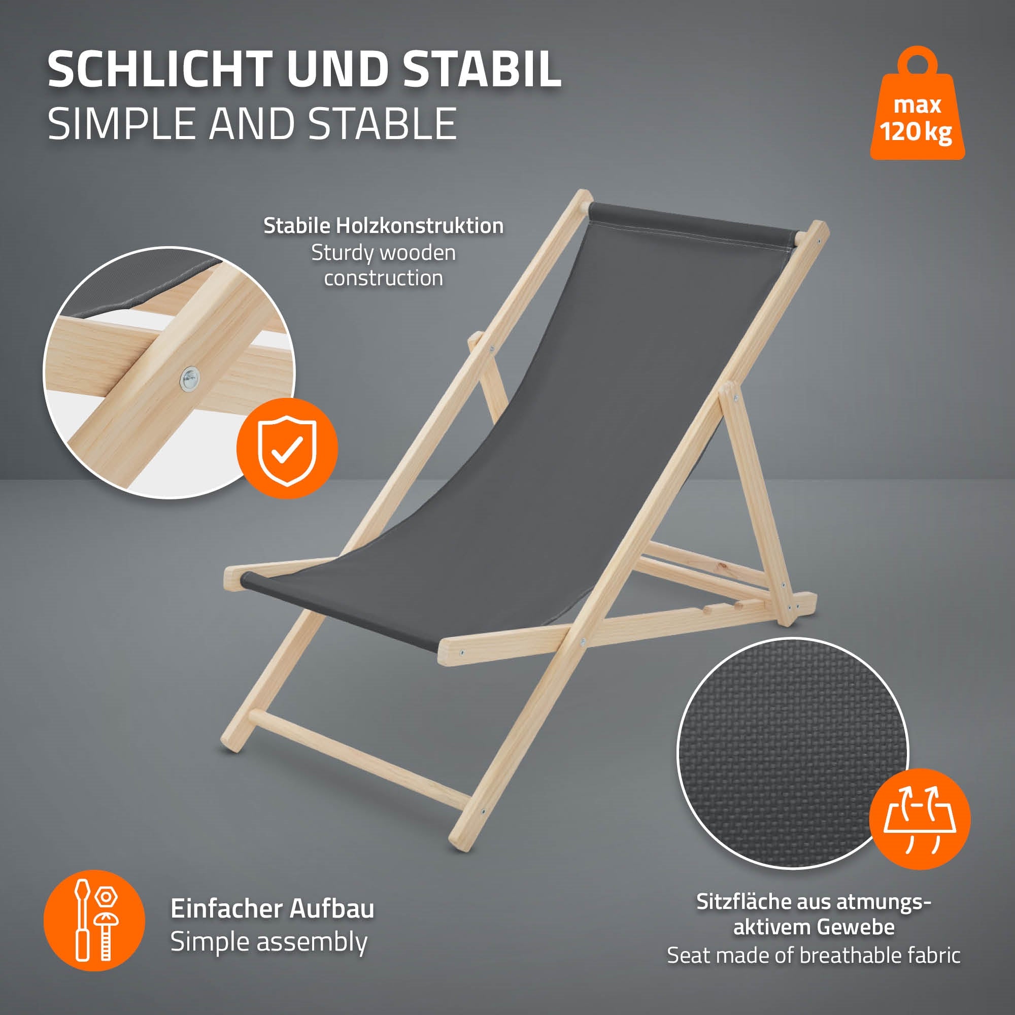ECD Germany Sport bain de soleil bois anthracite pliable lot 2