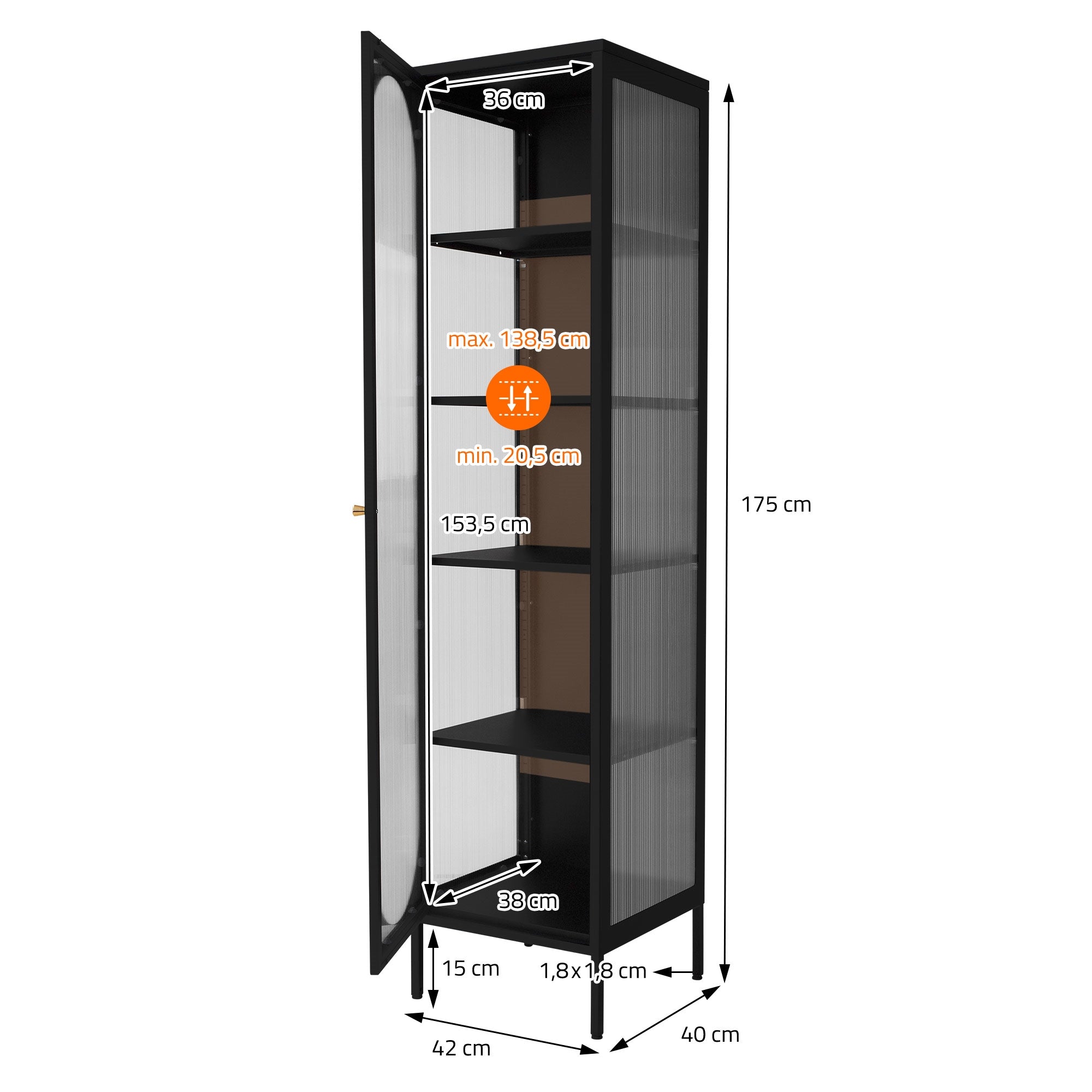 ECD Germany vitrine 42x175x40 cm noire acier 4 étagères B-Ware