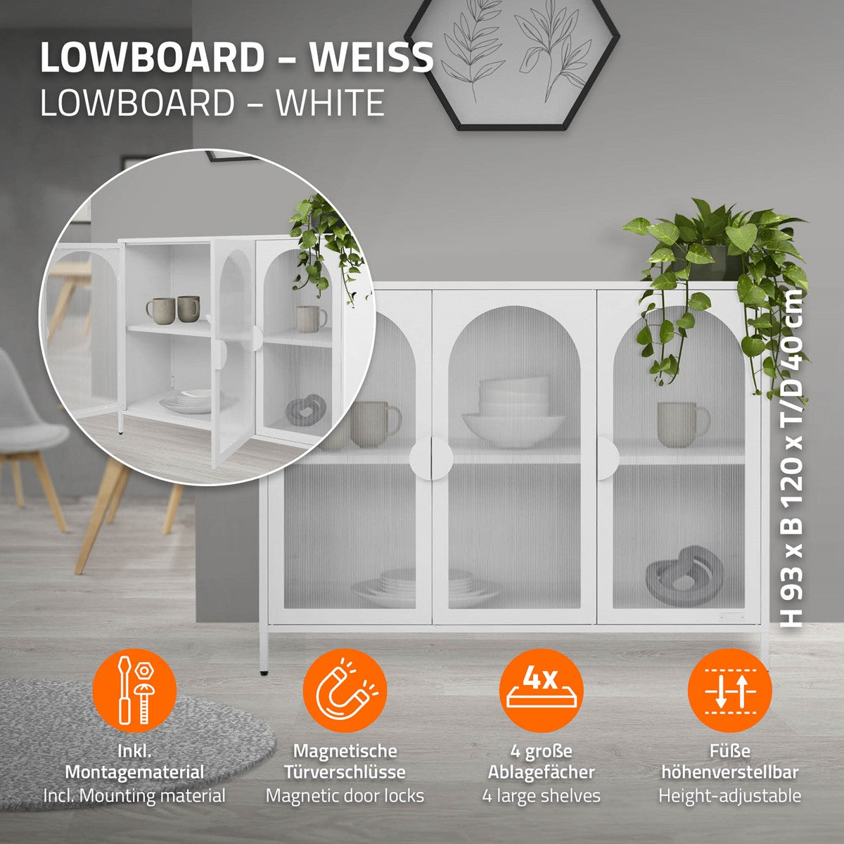 ECD Germany Möbel Vitrine 120x93x40 cm Blanc 4 Casiers Acier