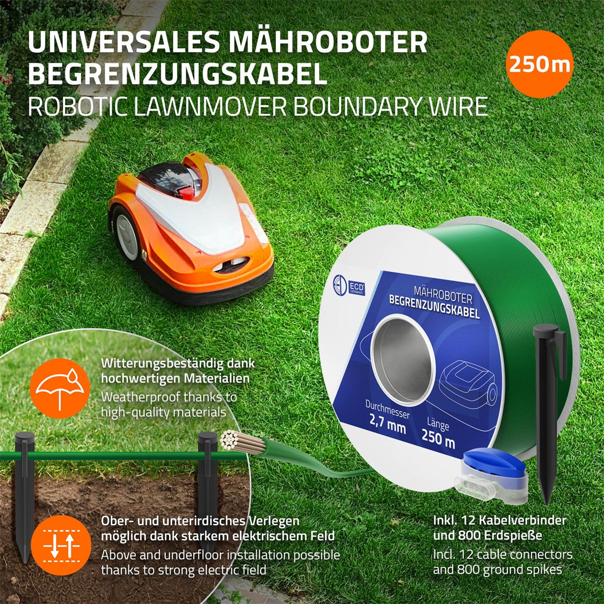 ECD Germany câble robot tondeuse 250 m périphérique jardin