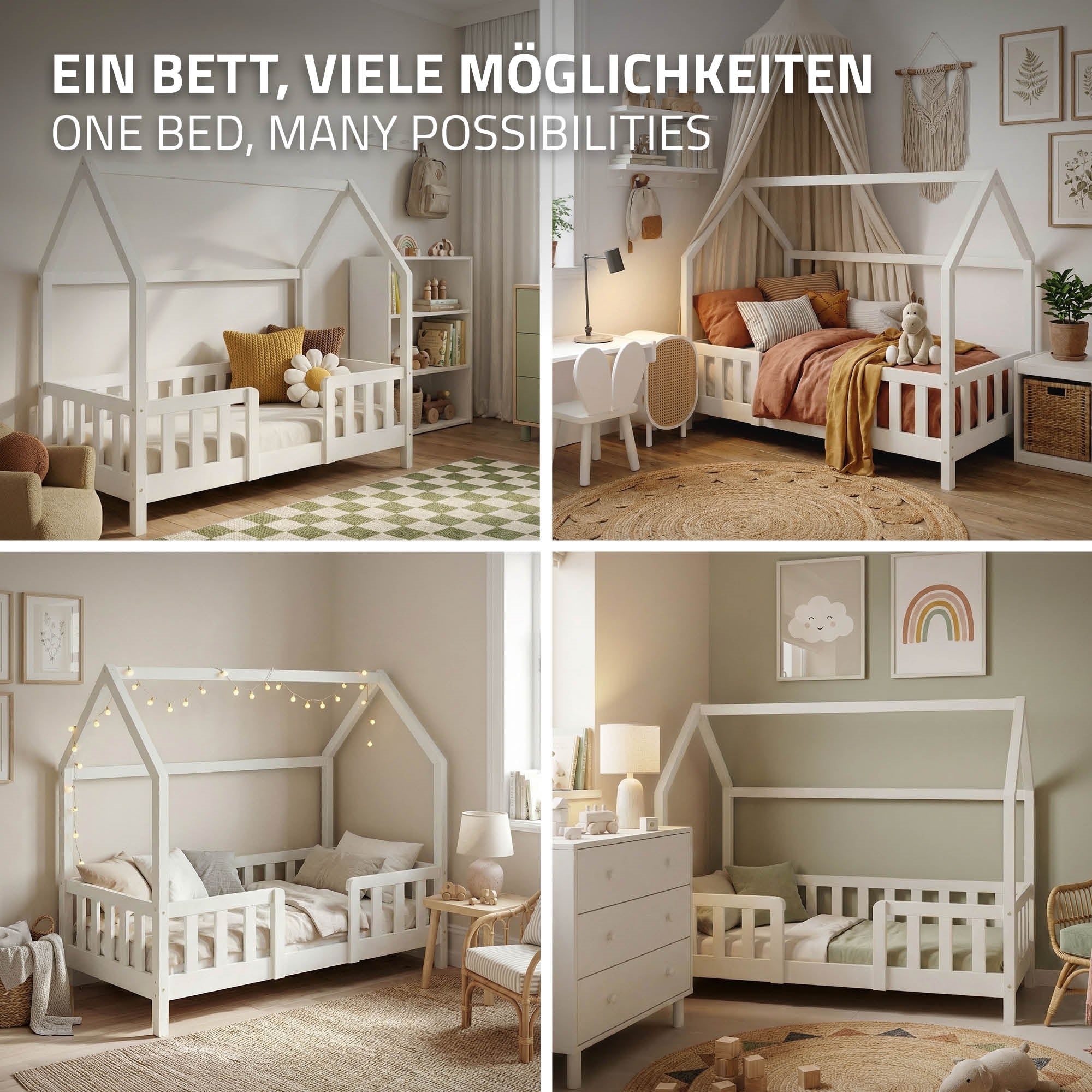 ECD Germany Kinder lit cabane 70x140 blanc avec toit