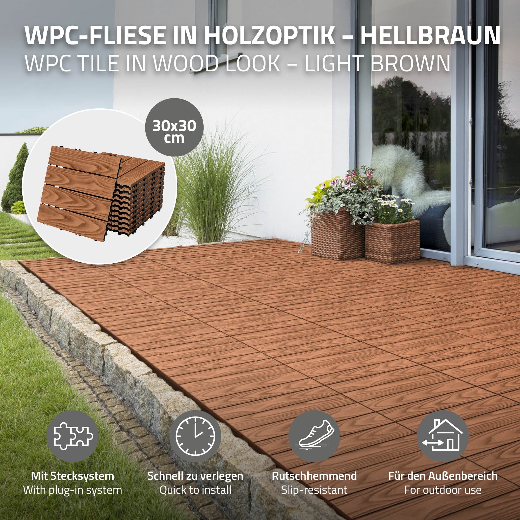 ECD Germany Garten dalle terrasse WPC 30x30 marron clair 33 pcs