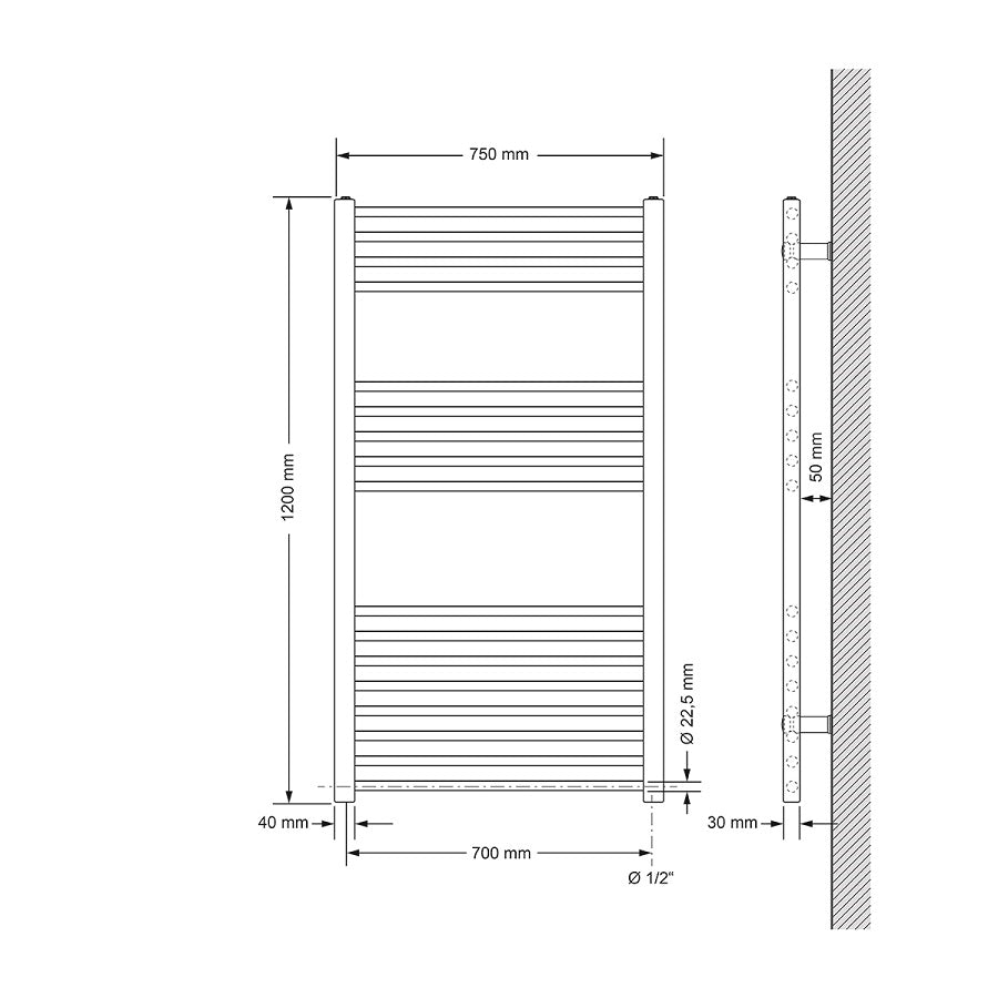 ECD Sahara Radiateur Salle de Bain Blanc Droit 750x1200 mm
