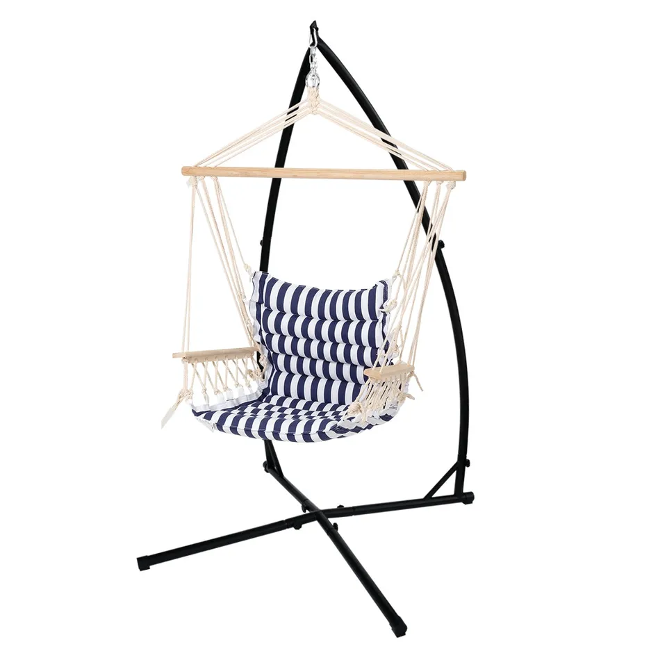 ECD Germany Fauteuil suspendu coton bleu/blanc avec support